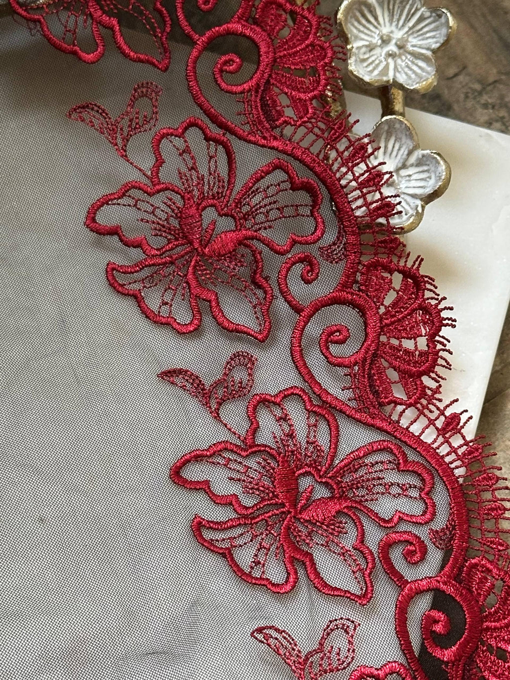 Crimson Red Floral Embroidered Organza Mesh Eyelash Lace Trim, 3" Floral 7" Total Wide Tulle Scalloped Ribbon, Retail Wholesale Bulk
