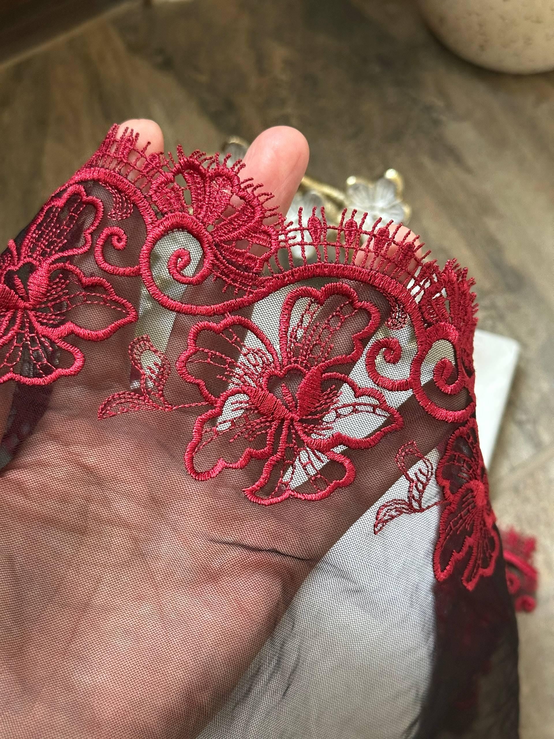 Crimson Red Floral Embroidered Organza Mesh Eyelash Lace Trim, 3" Floral 7" Total Wide Tulle Scalloped Ribbon, Retail Wholesale Bulk