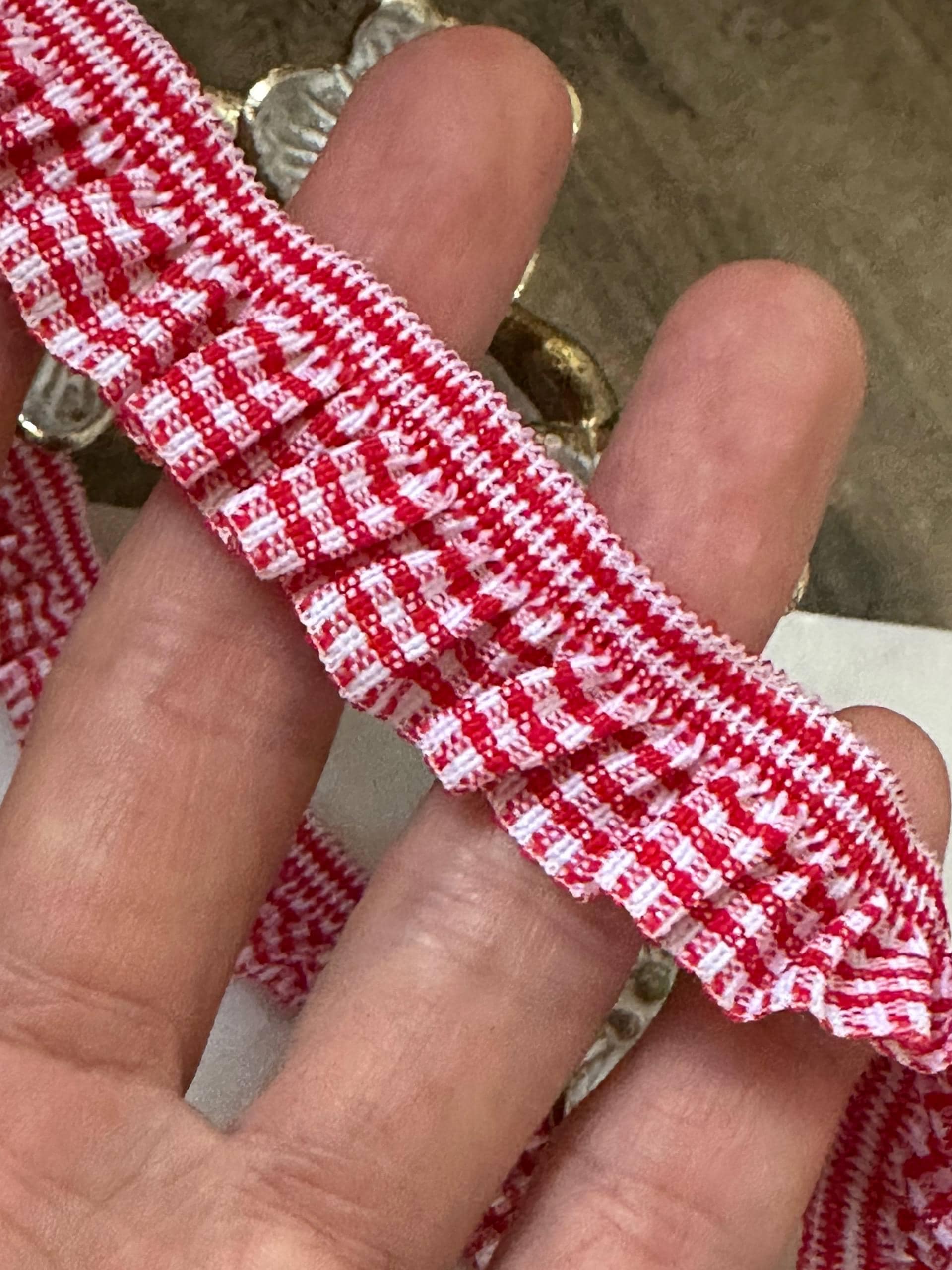 Soft Red White Gingham Plaid Gathered Elastic Trim by the Yard, Ruffled Ribbon for Doll Clothes & Headbands, 0.75", Retail Wholesale Bulk
