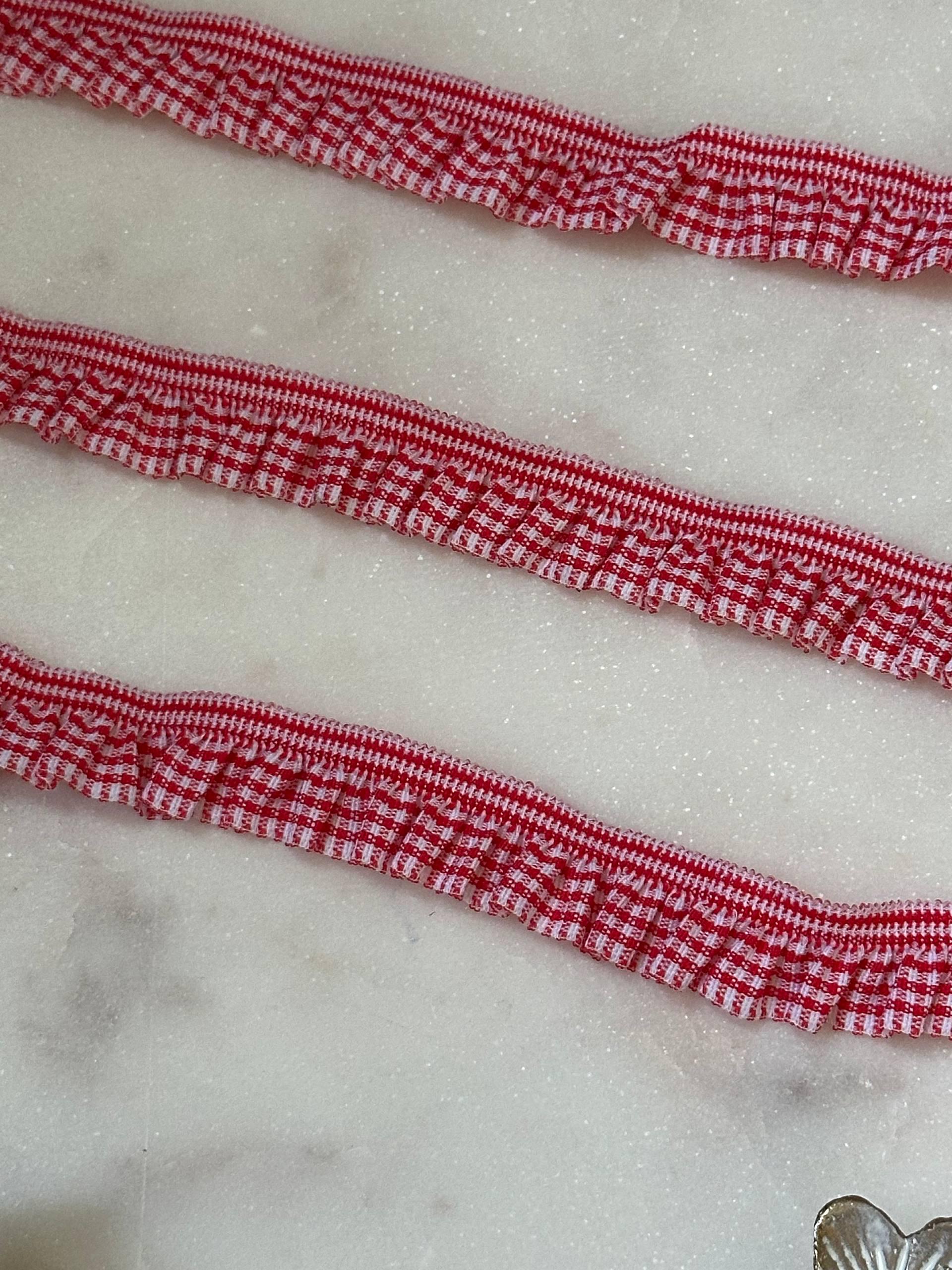 Soft Red White Gingham Plaid Gathered Elastic Trim by the Yard, Ruffled Ribbon for Doll Clothes & Headbands, 0.75", Retail Wholesale Bulk