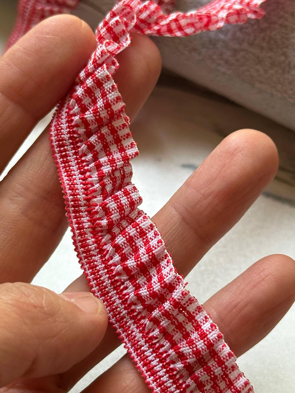 Soft Red White Gingham Plaid Gathered Elastic Trim by the Yard, Ruffled Ribbon for Doll Clothes & Headbands, 0.75", Retail Wholesale Bulk