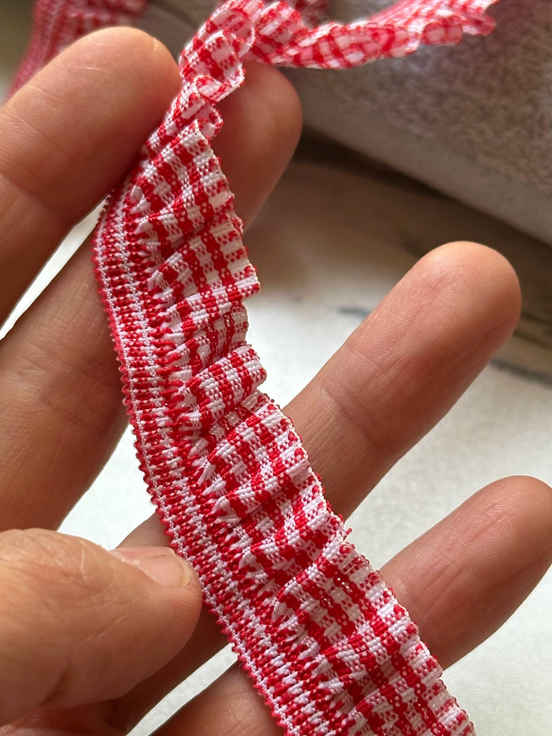 Soft Red White Gingham Plaid Gathered Elastic Trim by the Yard, Ruffled Ribbon for Doll Clothes & Headbands, 0.75", Retail Wholesale Bulk