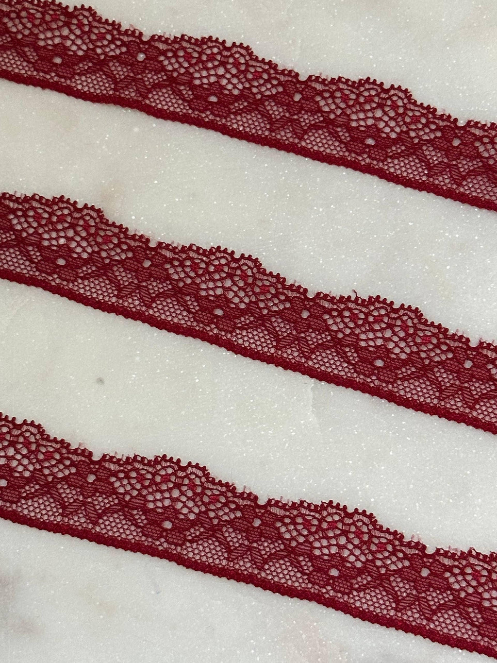 Soft Crimson Wine Floral Stretch Eyelash Lace Trim by the Yard, Narrow Scalloped Elastic Ribbon for Crafts, 1", Retail Wholesale Bulk