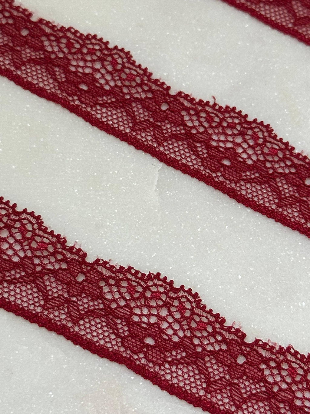 Soft Crimson Wine Floral Stretch Eyelash Lace Trim by the Yard, Narrow Scalloped Elastic Ribbon for Crafts, 1", Retail Wholesale Bulk