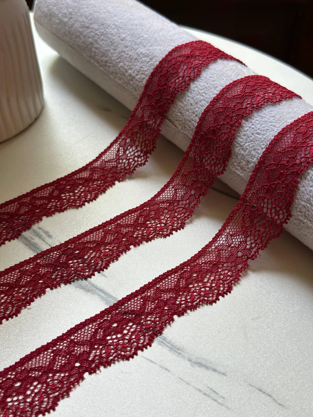 Soft Crimson Wine Floral Stretch Eyelash Lace Trim by the Yard, Narrow Scalloped Elastic Ribbon for Crafts, 1", Retail Wholesale Bulk