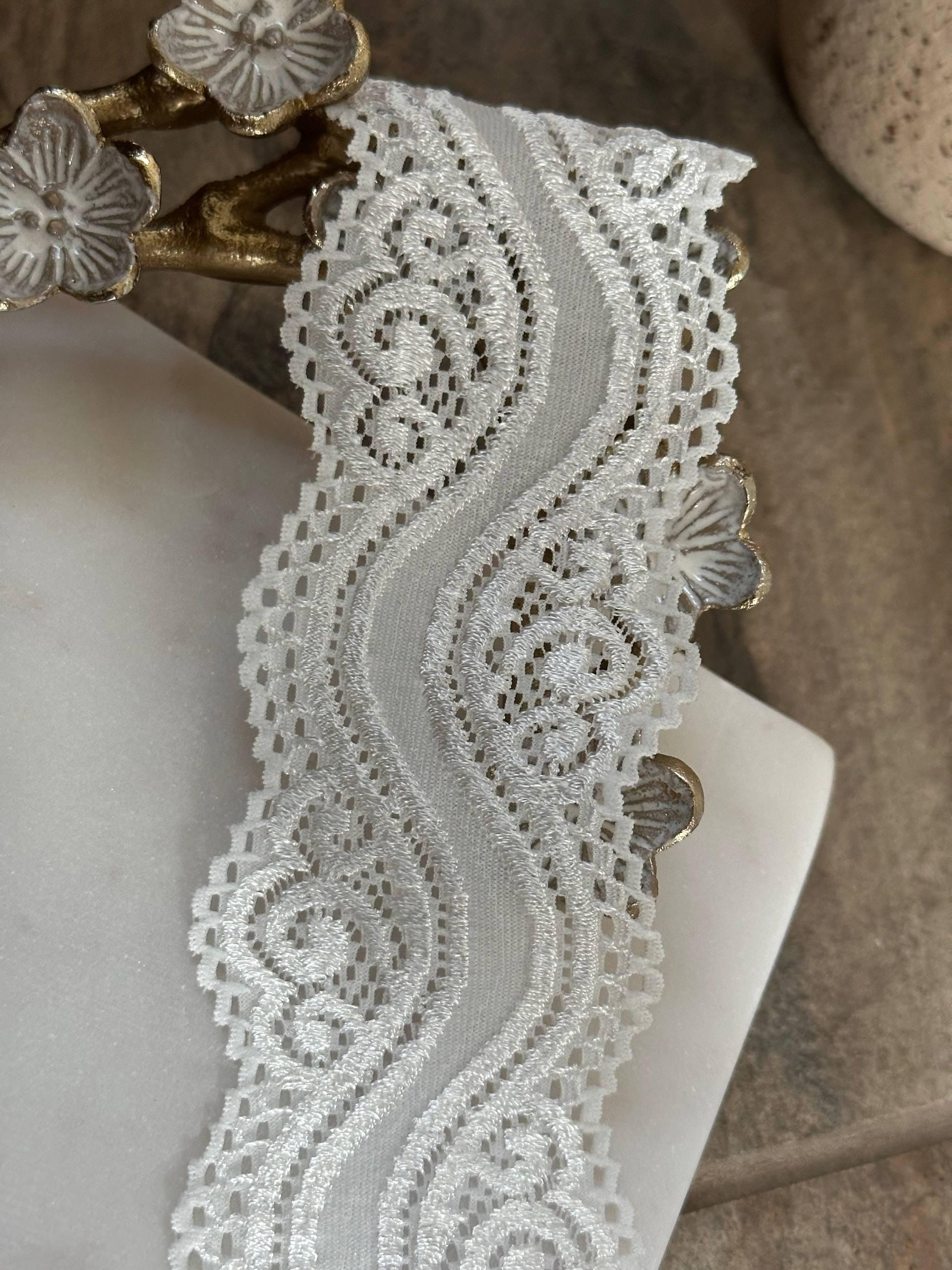 Soft Ivory White Wavy Vine Swirl Stretch Lace Trim by the Yard, Scalloped Elastic Ribbon for Coquette Crafts, 2.25", Retail Wholesale Bulk