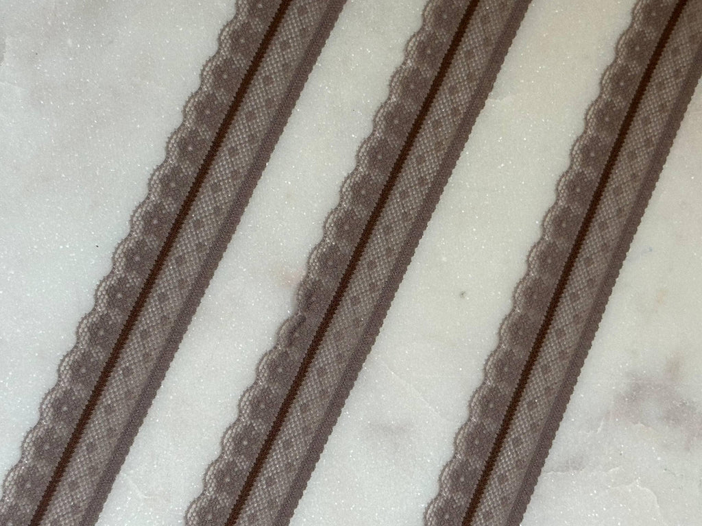 Soft Two Tone Milk Tea Mocha Brown Stretch Lace Trim by the Yard, Scalloped Elastic Ribbon for Coquette Crafts, 1", Retail Wholesale Bulk