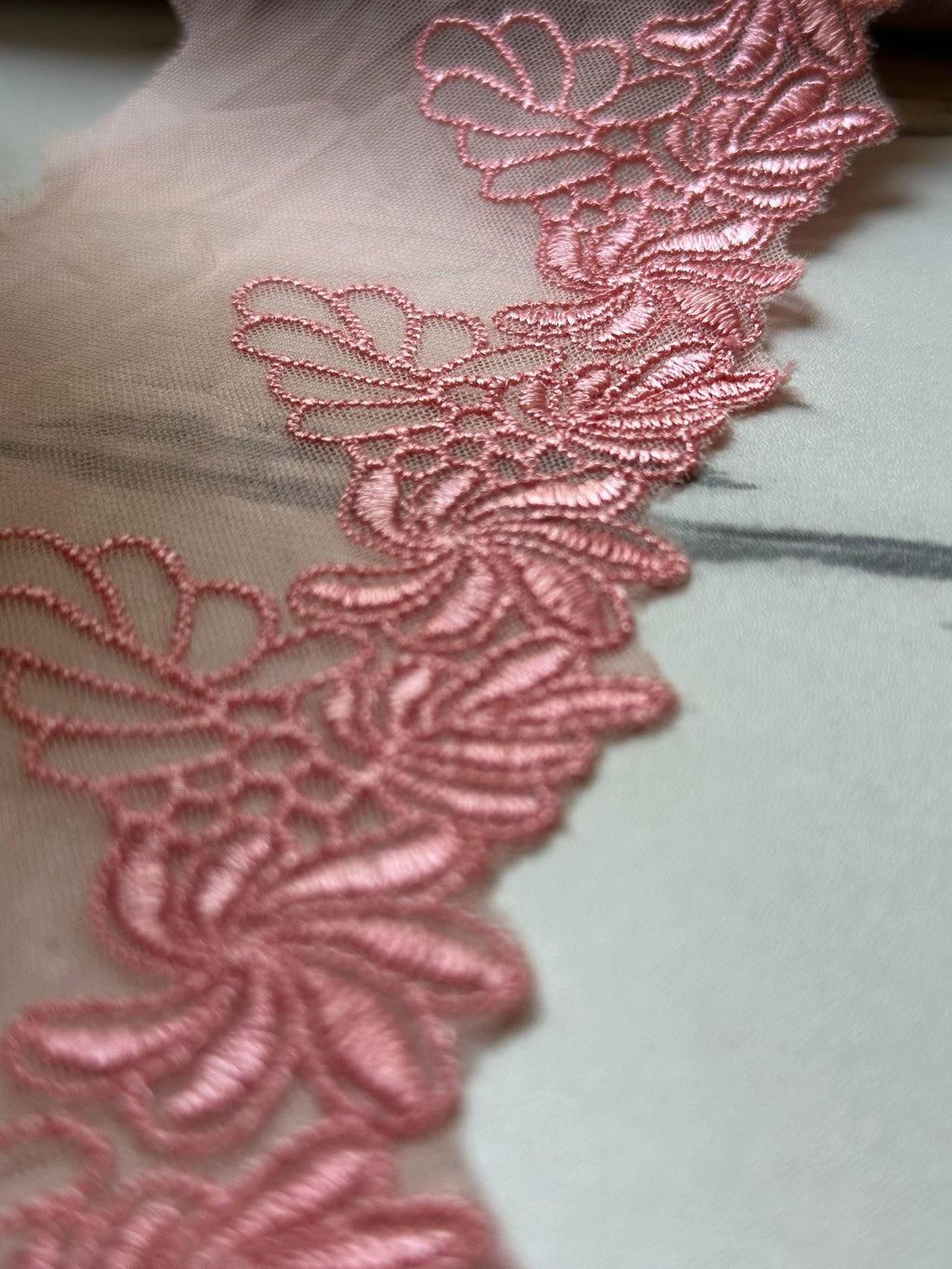 Soft Peach Pink Floral Embroidered Mesh Lace Trim, 2" Floral 3.5" Total Wide Sheer Scalloped Ribbon, Retail Wholesale Bulk