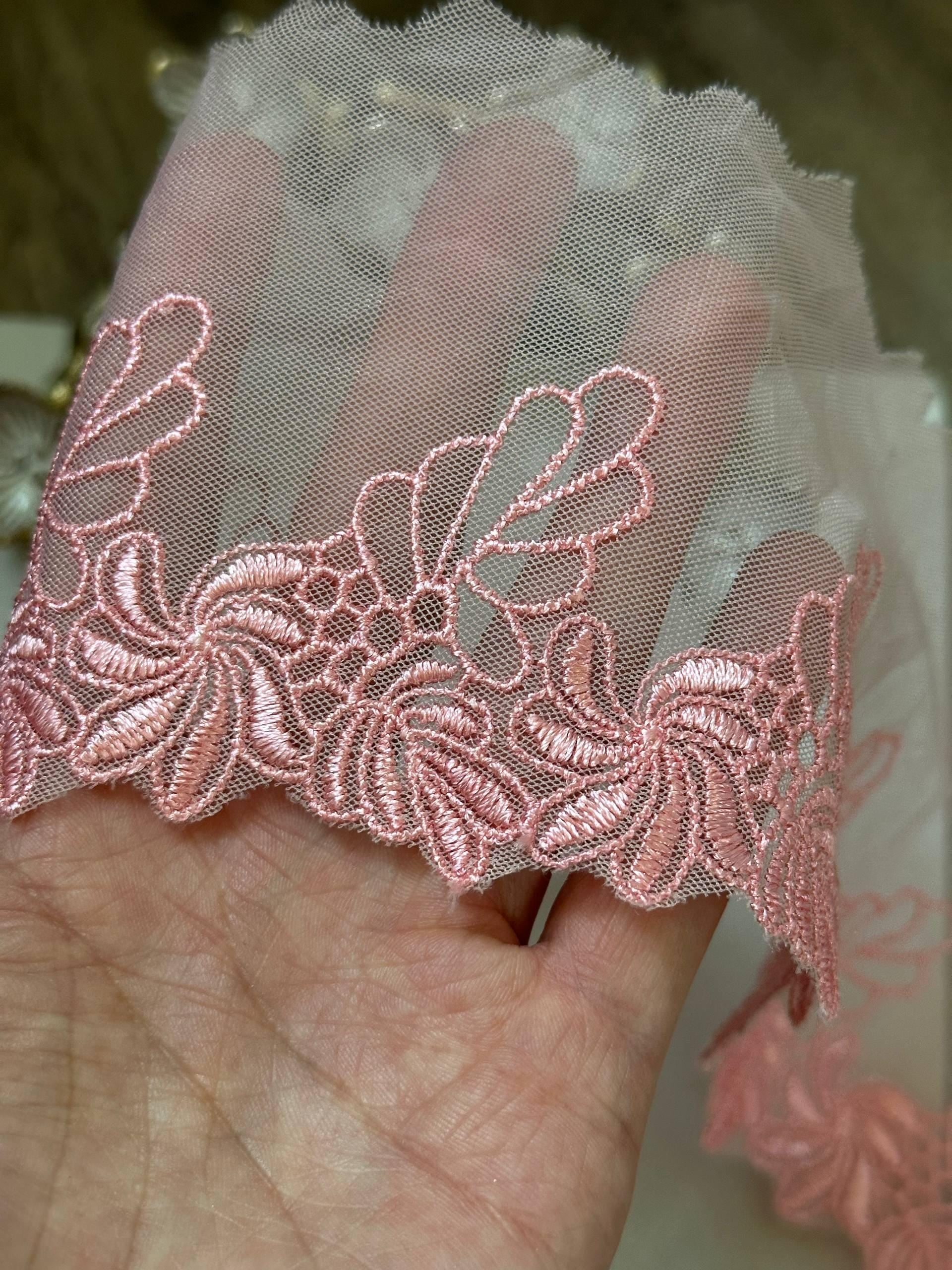 Soft Peach Pink Floral Embroidered Mesh Lace Trim, 2" Floral 3.5" Total Wide Sheer Scalloped Ribbon, Retail Wholesale Bulk