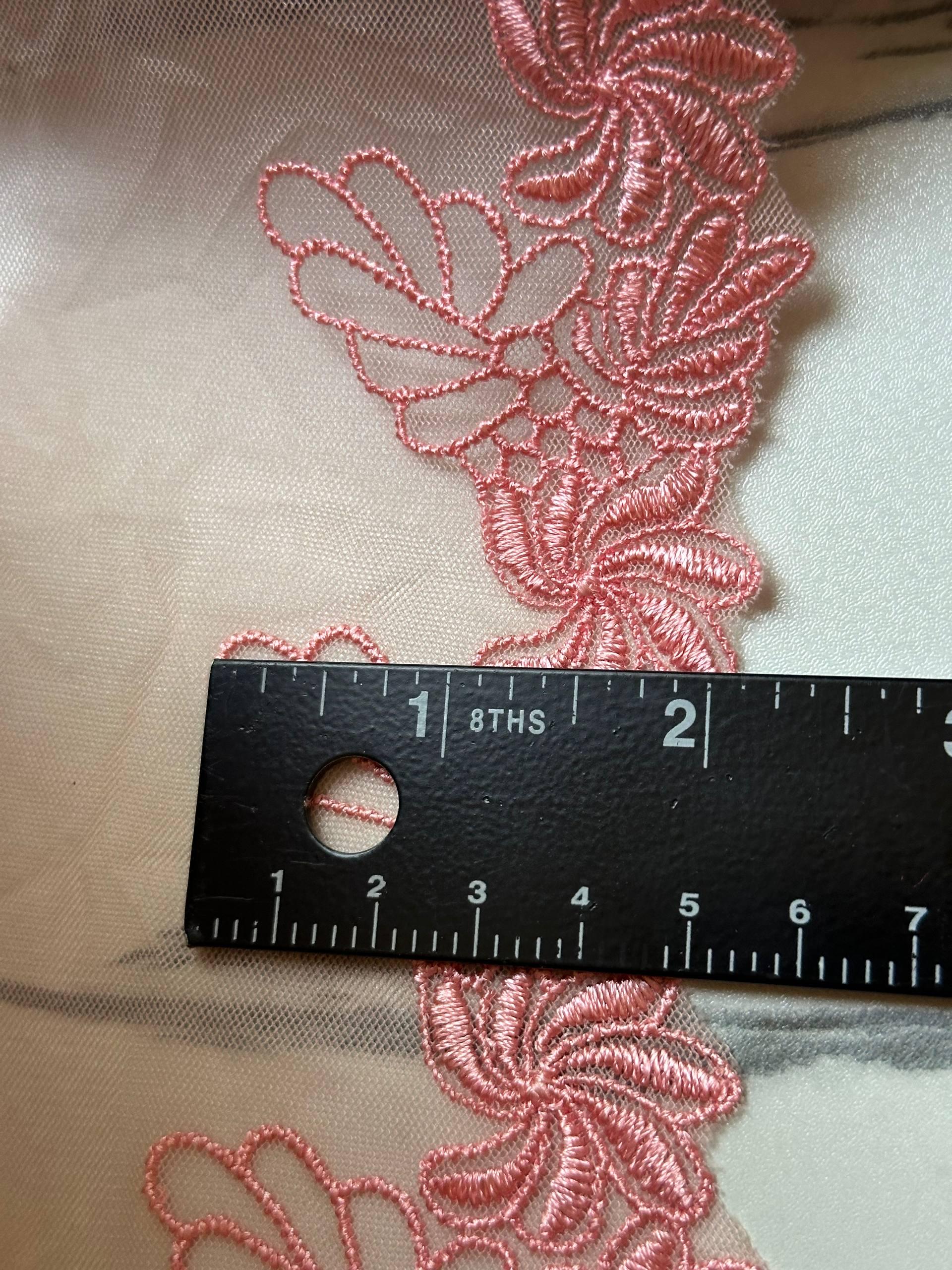 Soft Peach Pink Floral Embroidered Mesh Lace Trim, 2" Floral 3.5" Total Wide Sheer Scalloped Ribbon, Retail Wholesale Bulk