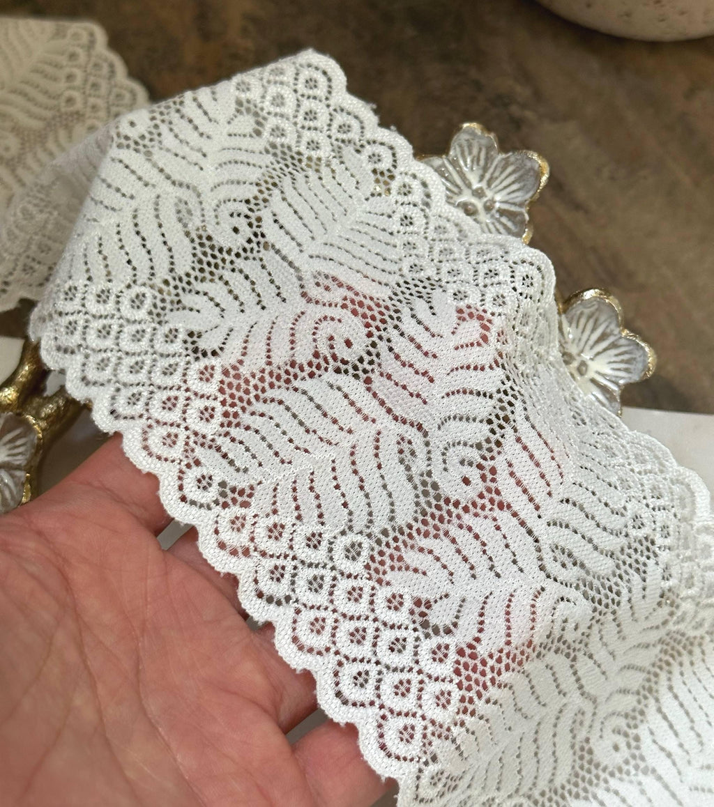 Soft Ivory Cream Tropical Leaf Fern Wide Stretch Lace Trim by the Yard, Scalloped Elastic Ribbon, 3.5", Retail Wholesale Bulk