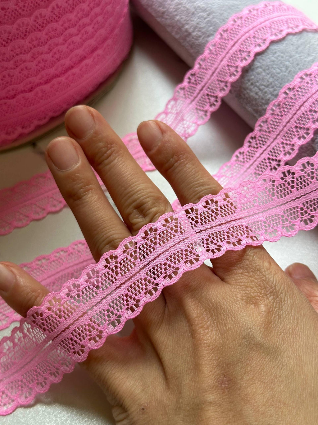 Structured Bubblegum Pink Splitable Non-Stretch Lace Trim by the Yard, Dual Edge Narrow Ribbon for Crafts, 1", Retail Wholesale Bulk