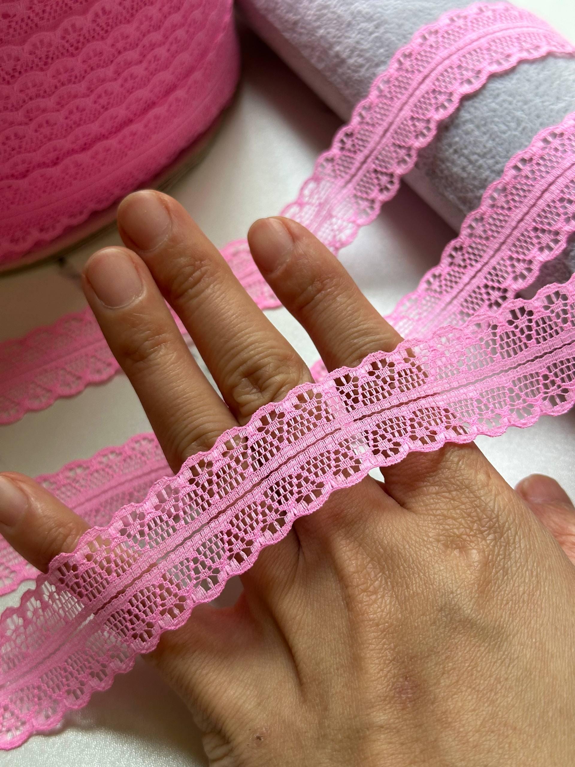 Structured Bubblegum Pink Splitable Non-Stretch Lace Trim by the Yard, Dual Edge Narrow Ribbon for Crafts, 1", Retail Wholesale Bulk