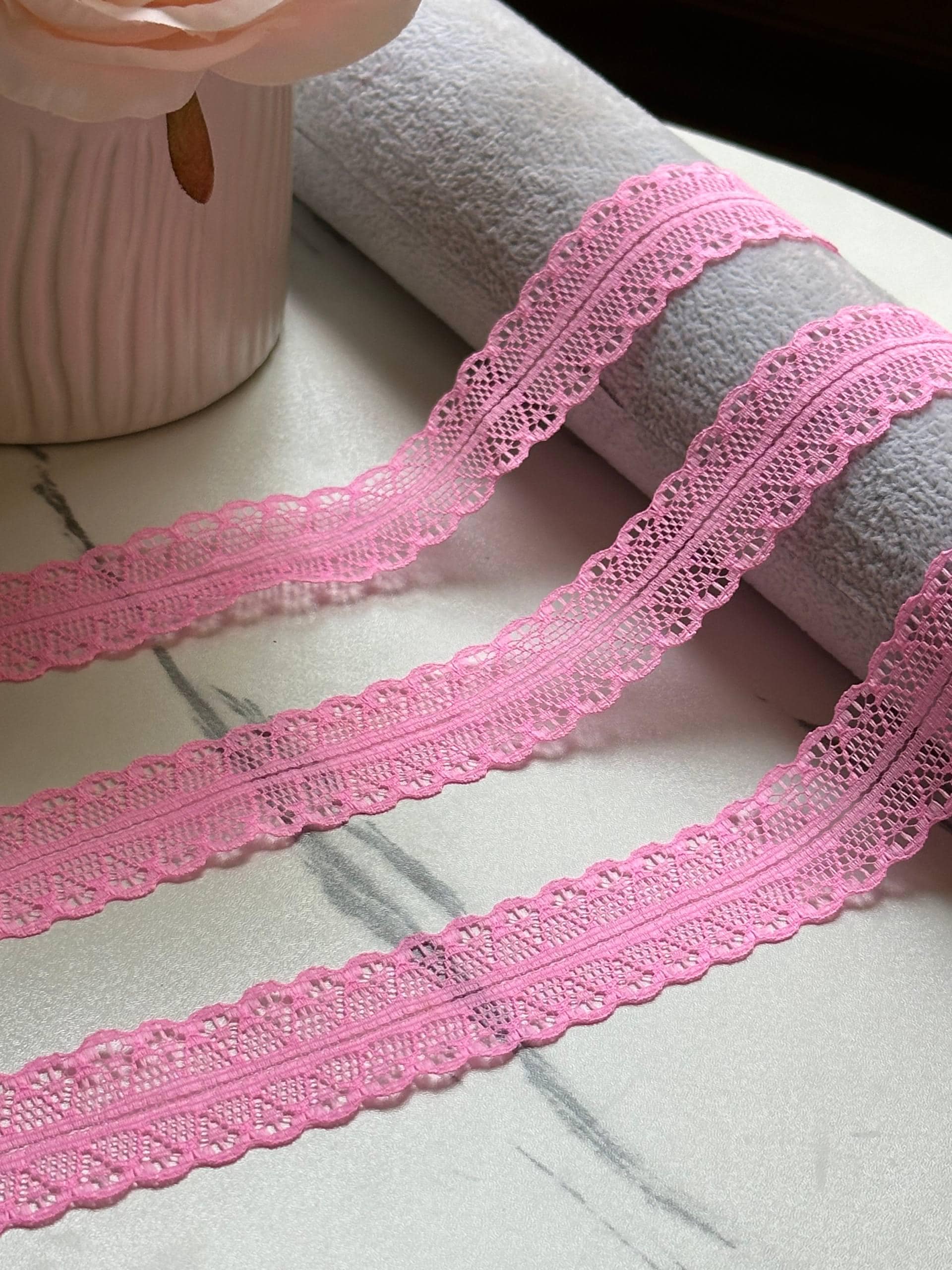 Structured Bubblegum Pink Splitable Non-Stretch Lace Trim by the Yard, Dual Edge Narrow Ribbon for Crafts, 1", Retail Wholesale Bulk