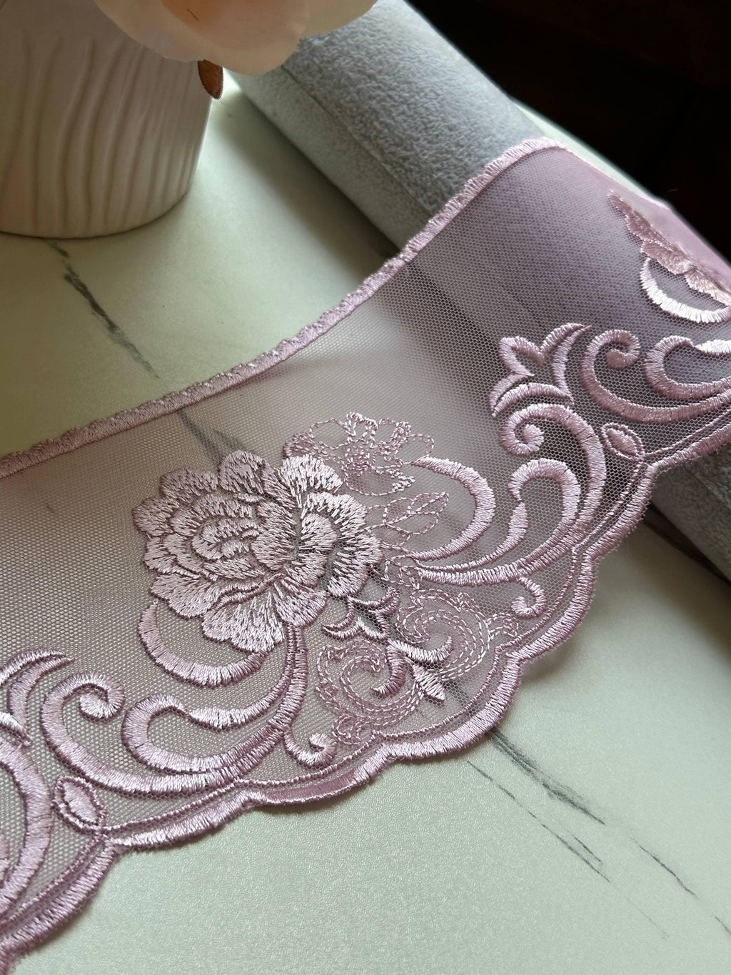 Soft Dusty Mauve Rose Floral Embroidered Mesh Lace Trim by the Yard, Wide Tulle Scalloped Ribbon for Crafts, 4.25", Retail Wholesale Bulk
