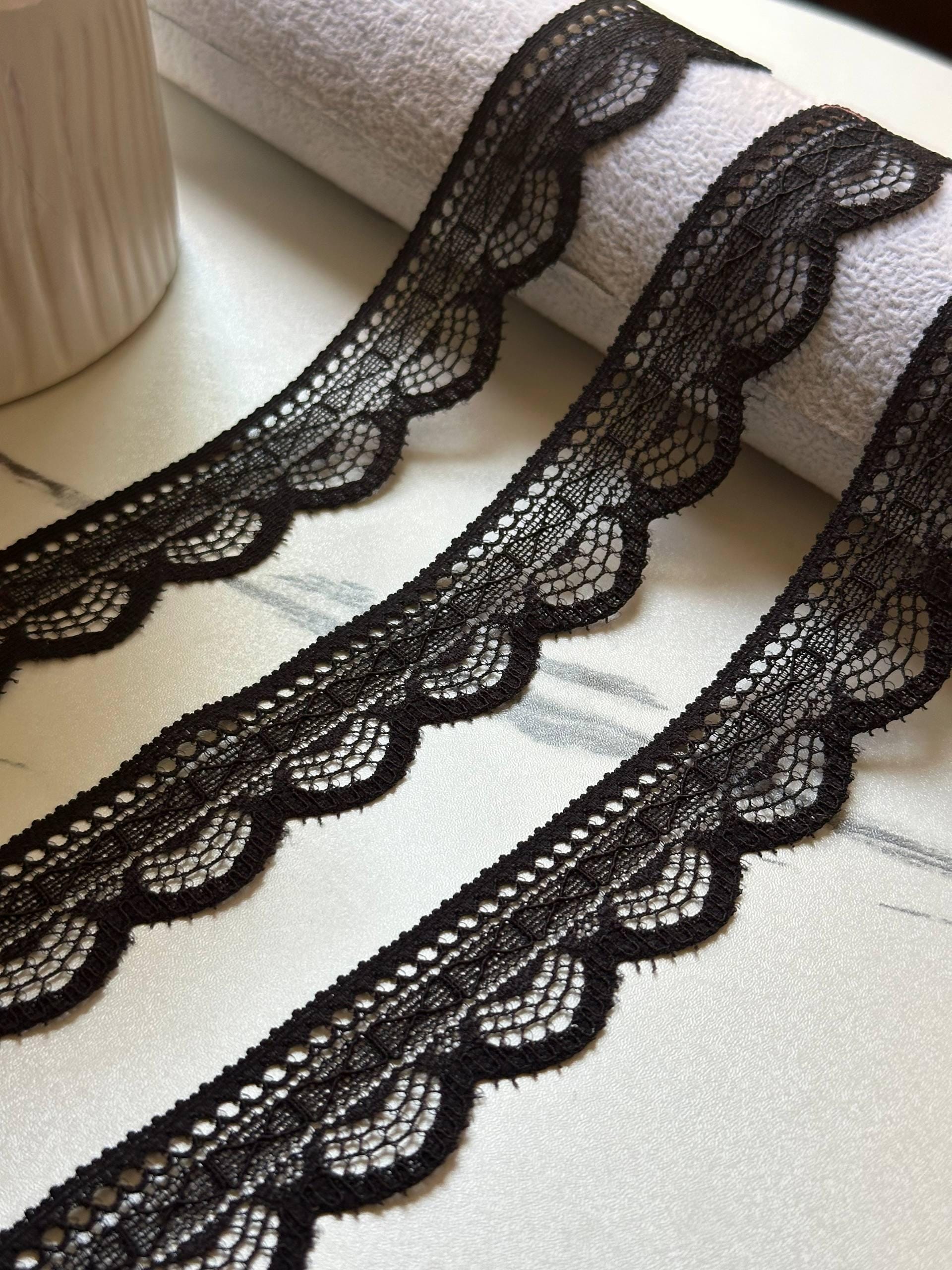 Classic Black Bow Scalloped Beaded Eyelash Non-Stretch Lace Trim by the Yard, Narrow Ribbon Beading Insert, 1", Retail Wholesale Bulk