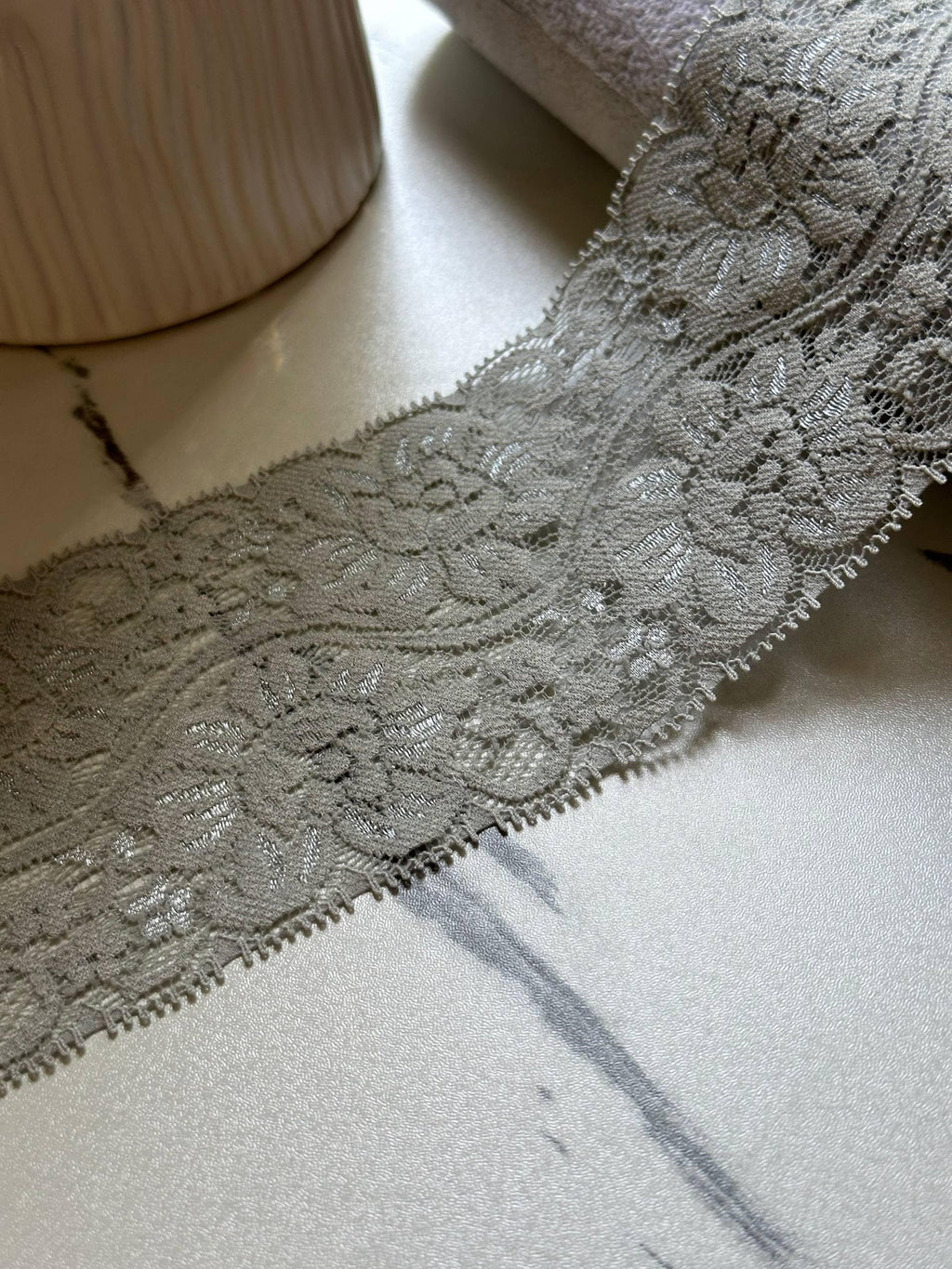 Dusty Slate Blue Grey Floral Micro Eyelash Slight Stretch Lace Trim by the Yard, Wide Scalloped Elastic Ribbon, 3", Retail Wholesale Bulk
