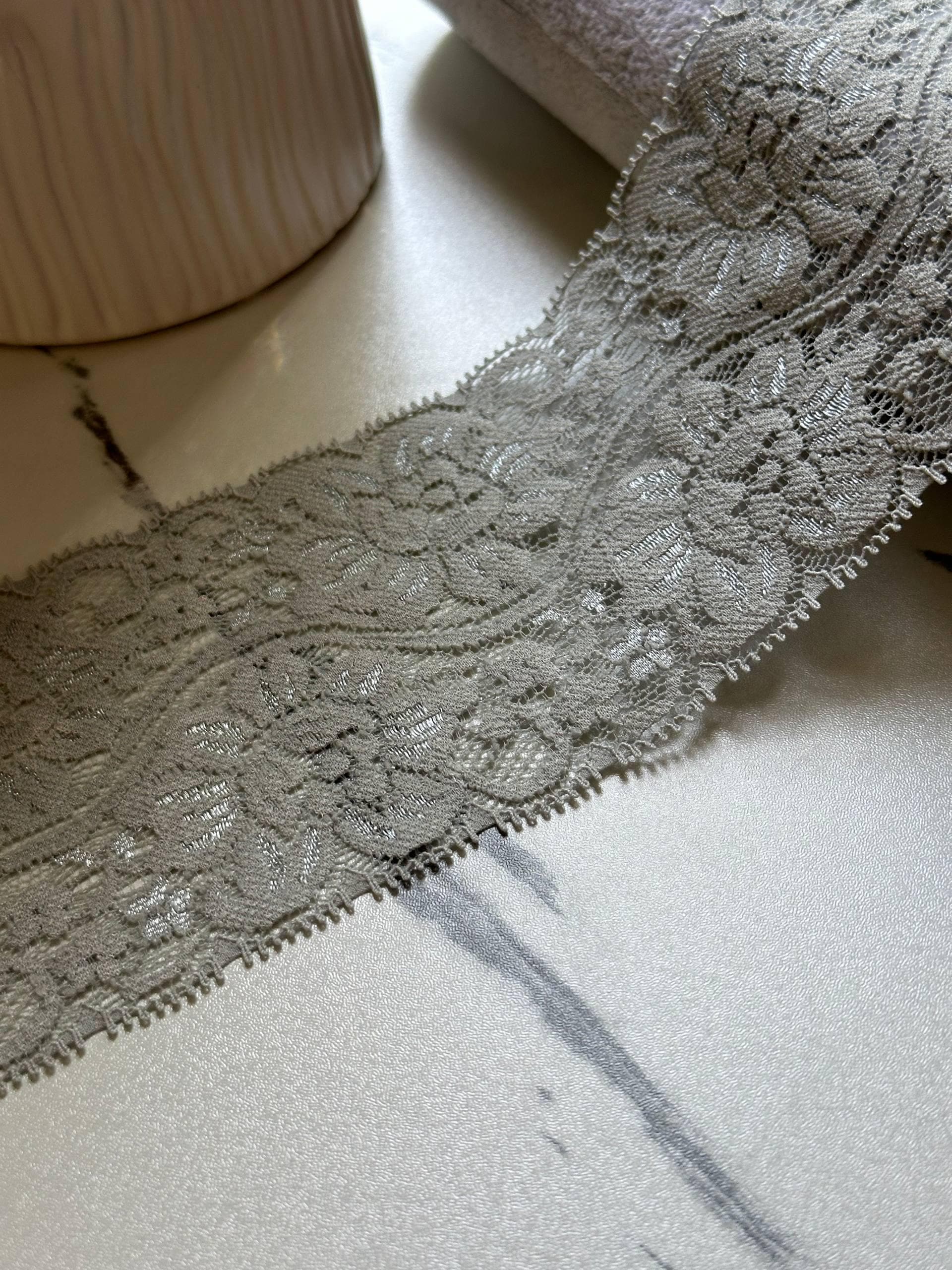 Dusty Slate Blue Grey Floral Micro Eyelash Slight Stretch Lace Trim by the Yard, Wide Scalloped Elastic Ribbon, 3", Retail Wholesale Bulk