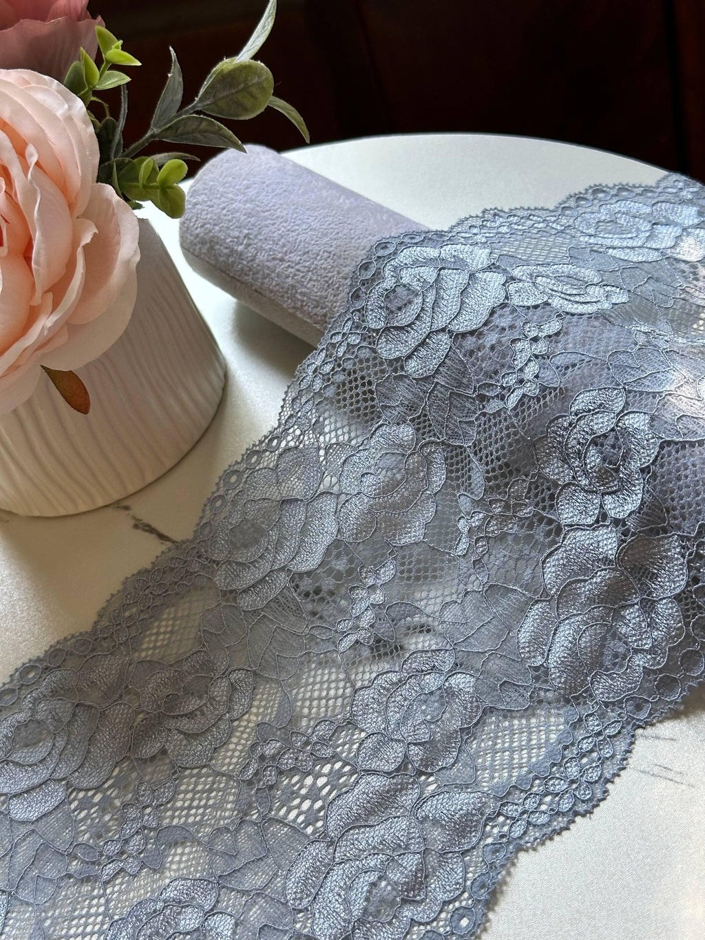 Corded Dusty Steel Blue Rose Floral Extra Wide Slight Stretch Lace Trim by the Yard, Structured Scalloped Ribbon, 6.5",Retail Wholesale Bulk