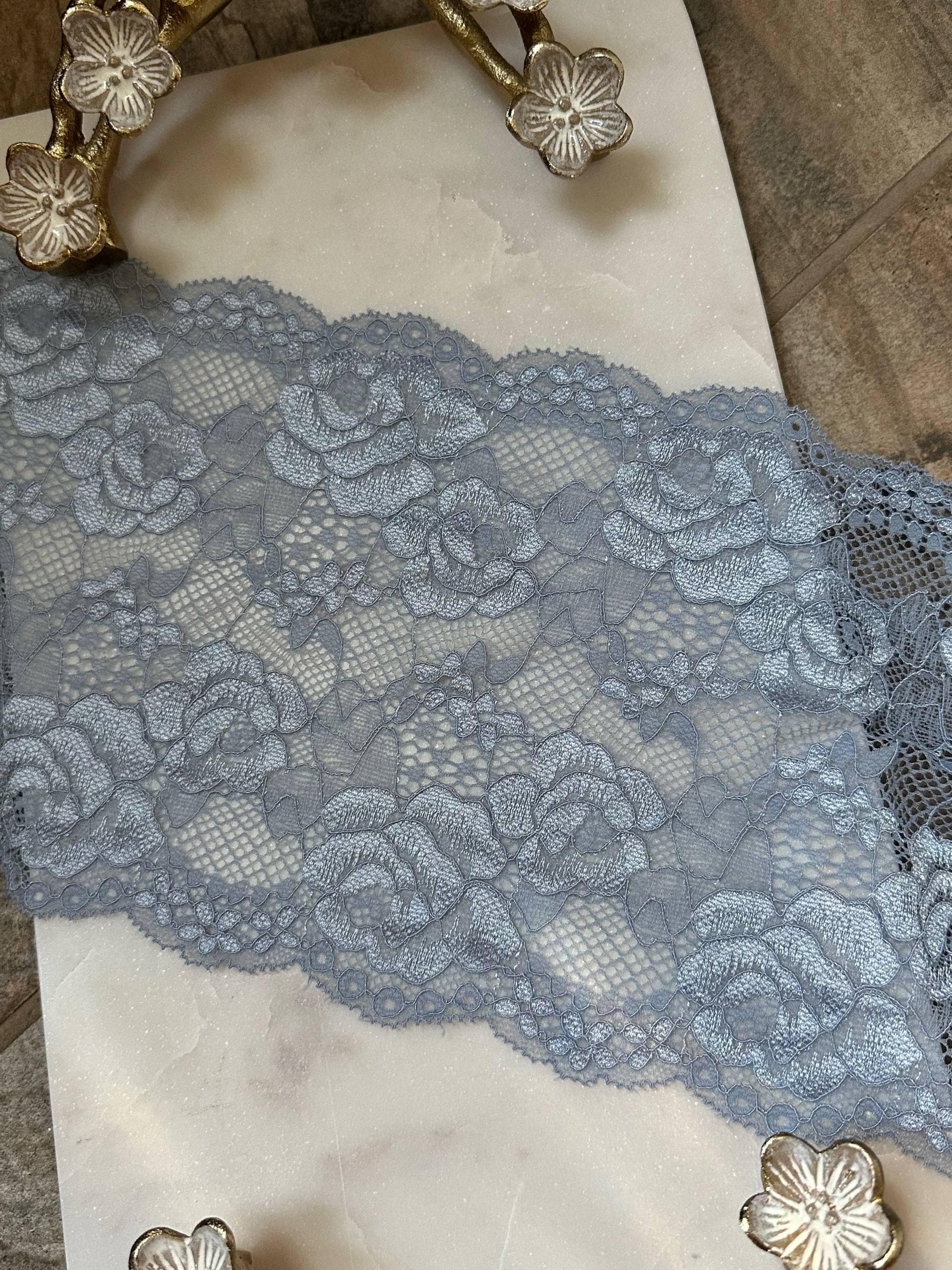 Corded Dusty Steel Blue Rose Floral Extra Wide Slight Stretch Lace Trim by the Yard, Structured Scalloped Ribbon, 6.5",Retail Wholesale Bulk
