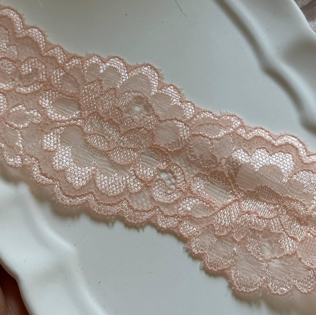 Soft Sheer Peach Pink Floral Stretch Lace Trim by the Yard, Lightweight Scalloped Elastic Ribbon for Crafts, 1.85", Retail Wholesale Bulk