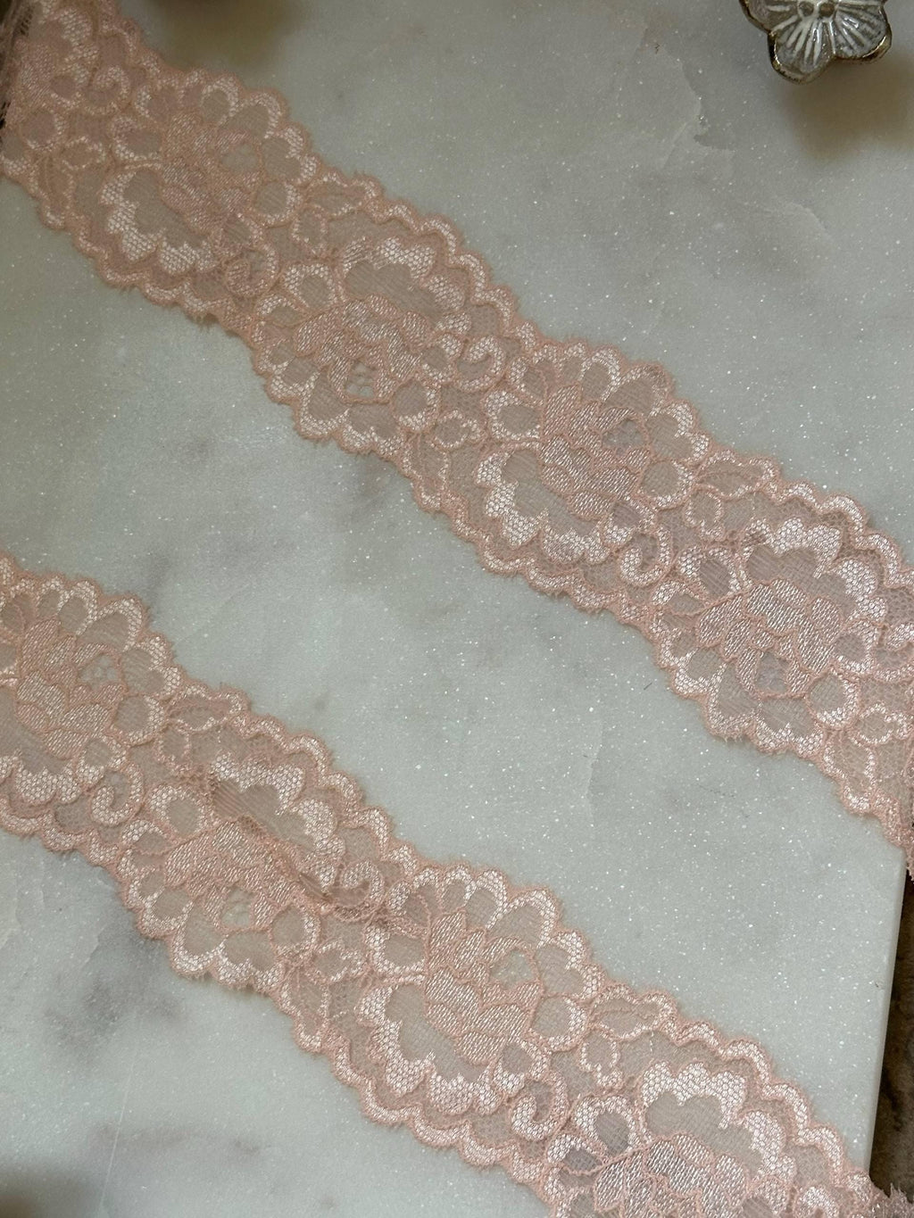 Soft Sheer Peach Pink Floral Stretch Lace Trim by the Yard, Lightweight Scalloped Elastic Ribbon for Crafts, 1.85", Retail Wholesale Bulk