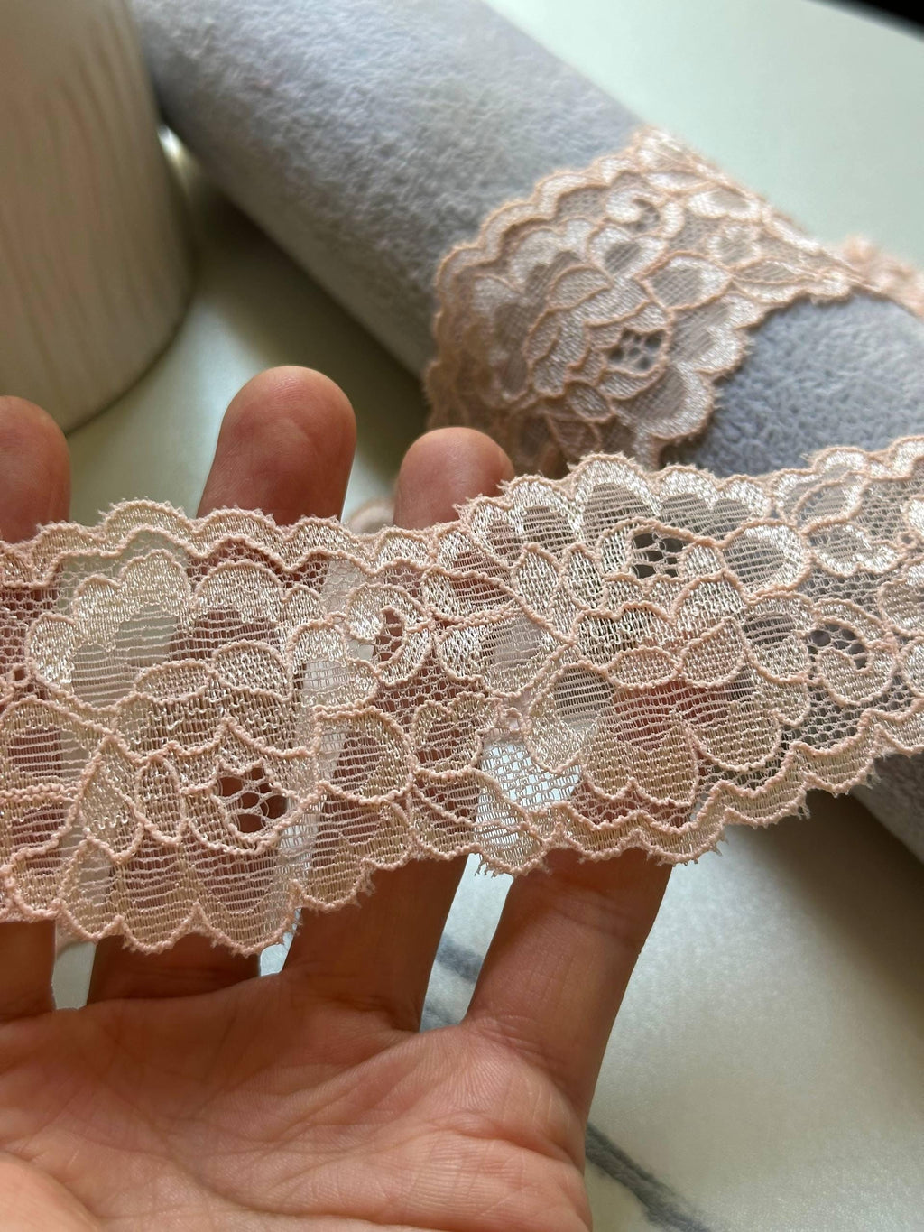Soft Sheer Peach Pink Floral Stretch Lace Trim by the Yard, Lightweight Scalloped Elastic Ribbon for Crafts, 1.85", Retail Wholesale Bulk