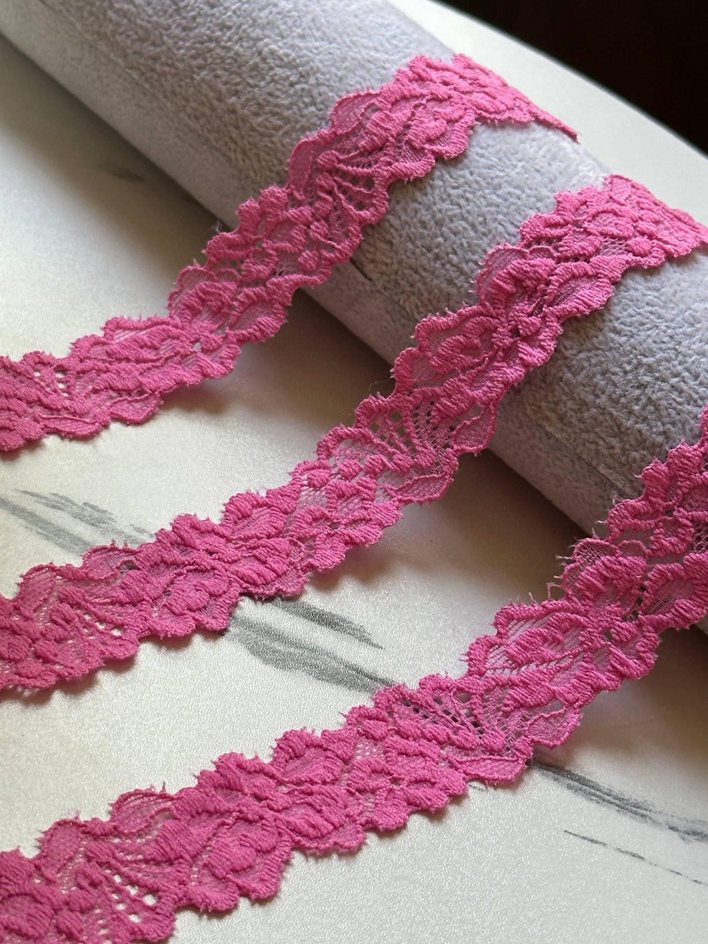 Soft Rose Pink Embossed Floral Stretch Lace Trim by the Yard, Narrow Textured Elastic Ribbon for Crafts, 0.75", Retail Wholesale Bulk