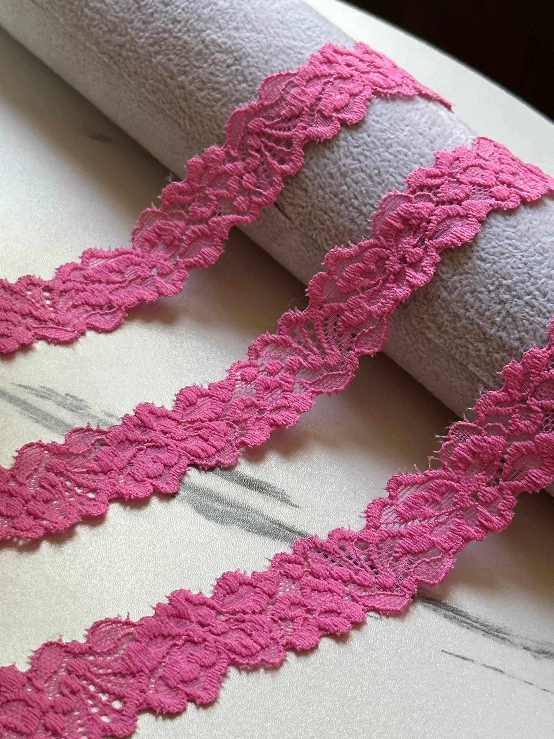 Soft Rose Pink Embossed Floral Stretch Lace Trim by the Yard, Narrow Textured Elastic Ribbon for Crafts, 0.75", Retail Wholesale Bulk