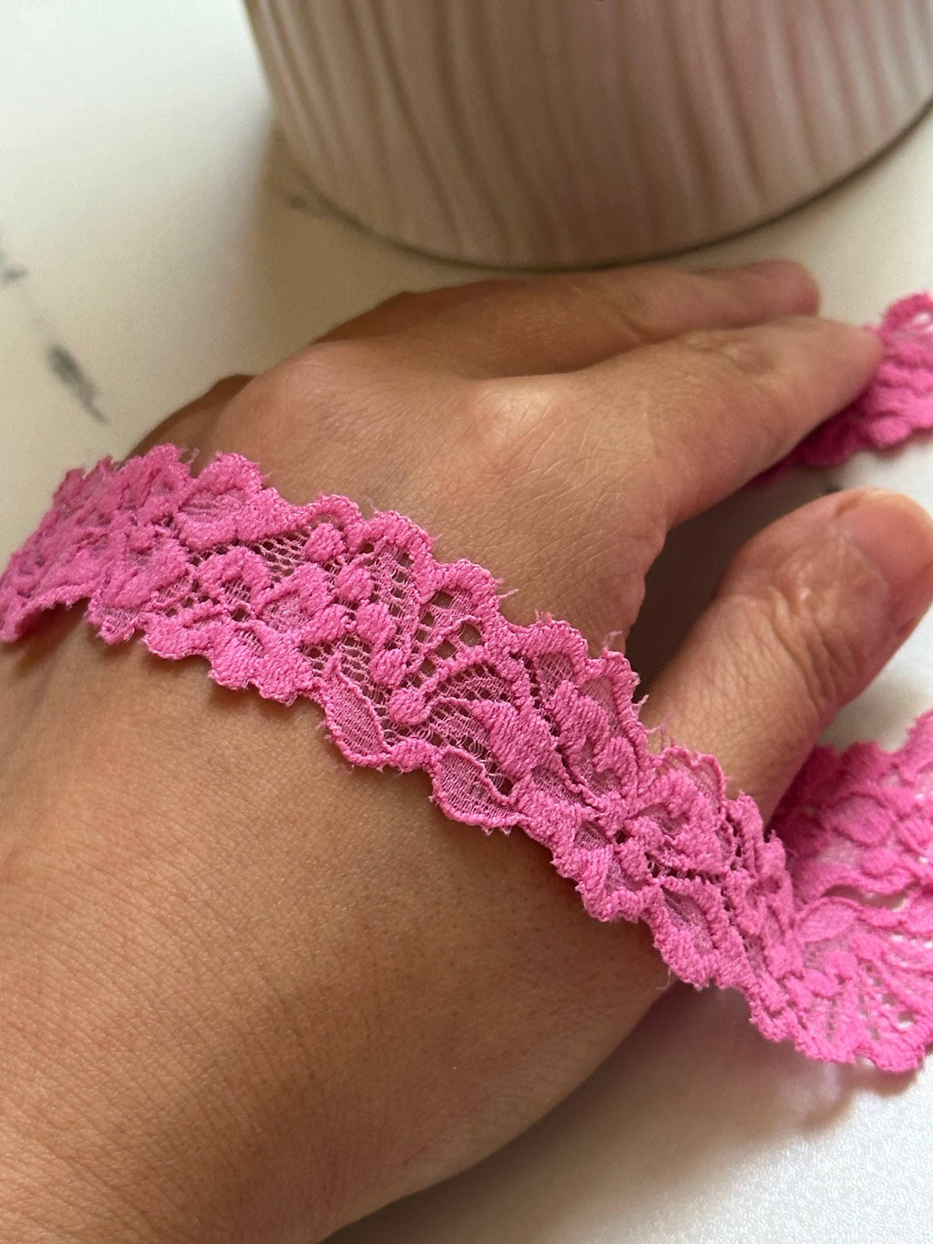 Soft Rose Pink Embossed Floral Stretch Lace Trim by the Yard, Narrow Textured Elastic Ribbon for Crafts, 0.75", Retail Wholesale Bulk