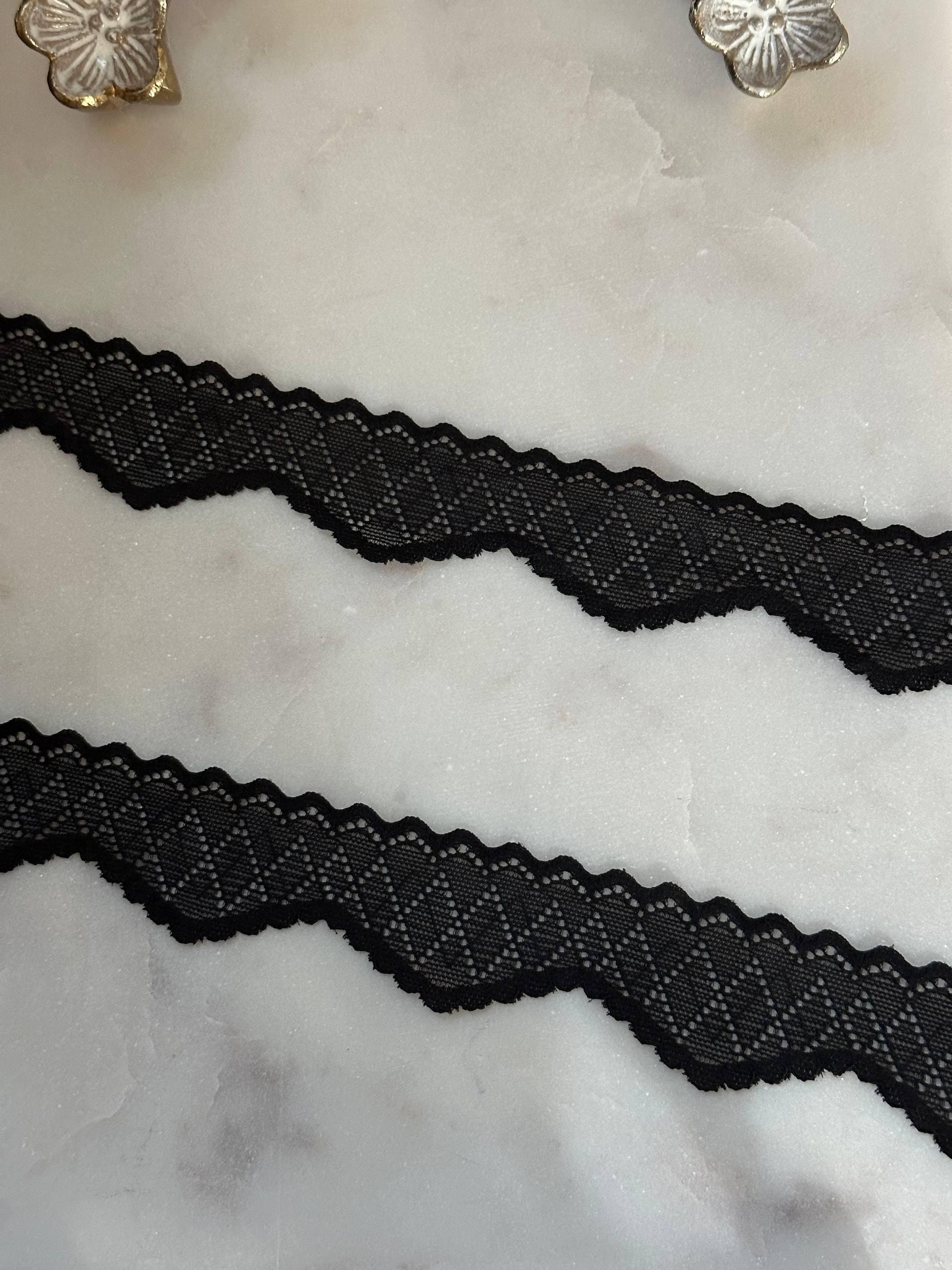 Soft Classic Black Diamond Geometric Wave Wavy Stretch Lace Trim by the Yard, Narrow Scalloped Elastic Ribbon, 1.25", Retail Wholesale Bulk