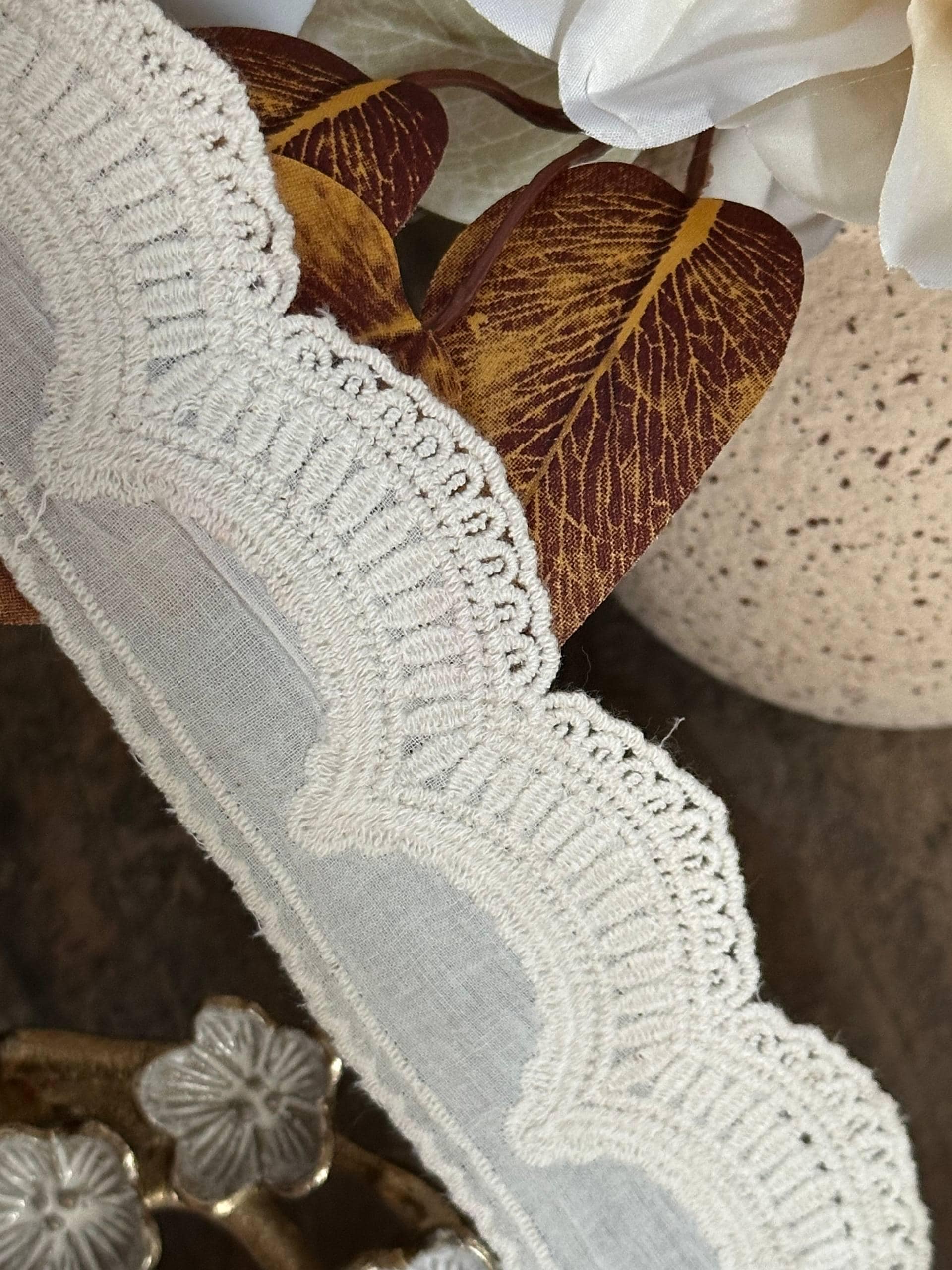 Vintage Cream Beige Cotton Linen Embroidered Scalloped Lace Trim by the Yard, Natural Eyelet Ribbon for Crafts, 1.85", Retail Wholesale Bulk