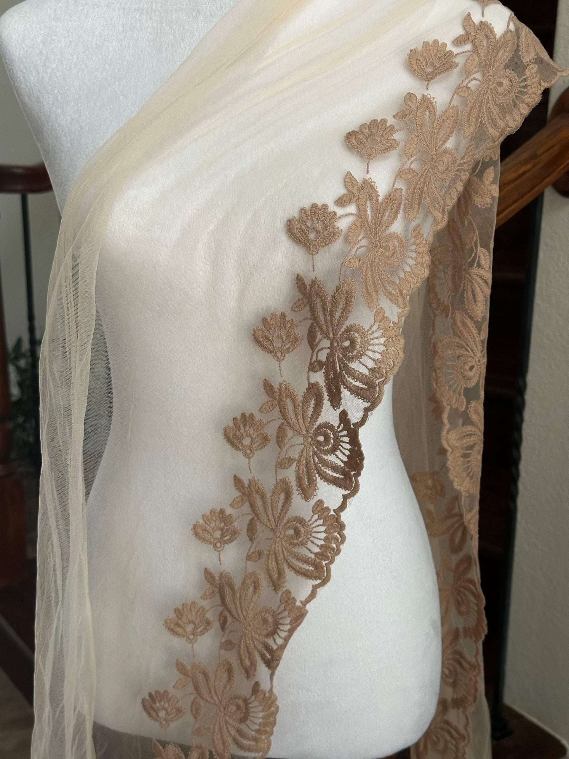 Champagne Gold Embroidered Organza Wide Lace Trim by Yard, Bedspread Bed Skirt Veil Scallop Border, 13", Retail Wholesale Bulk