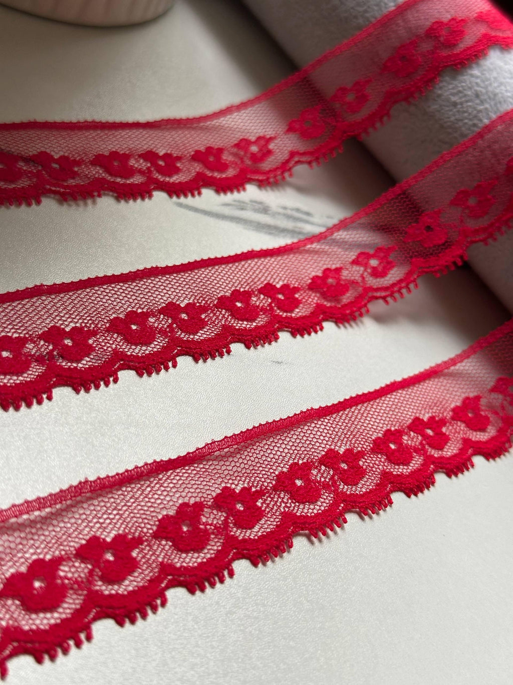 Ultra Soft Crimson Red Floral Eyelash Non-Stretch Mesh Lace Trim by the Yard, Narrow Scalloped Tulle Ribbon, 1", Retail Wholesale Bulk