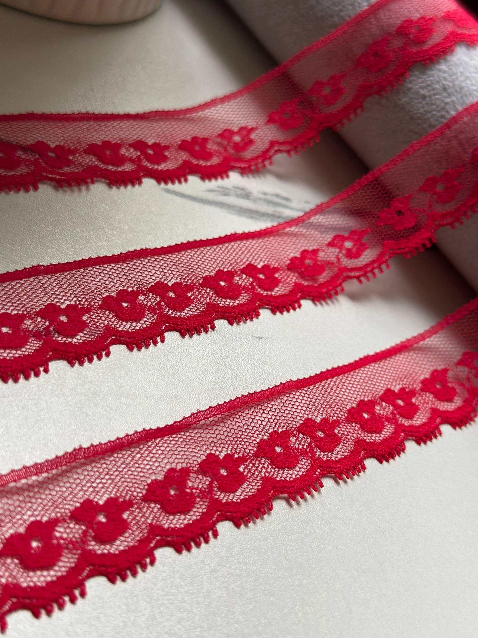Ultra Soft Crimson Red Floral Eyelash Non-Stretch Mesh Lace Trim by the Yard, Narrow Scalloped Tulle Ribbon, 1", Retail Wholesale Bulk