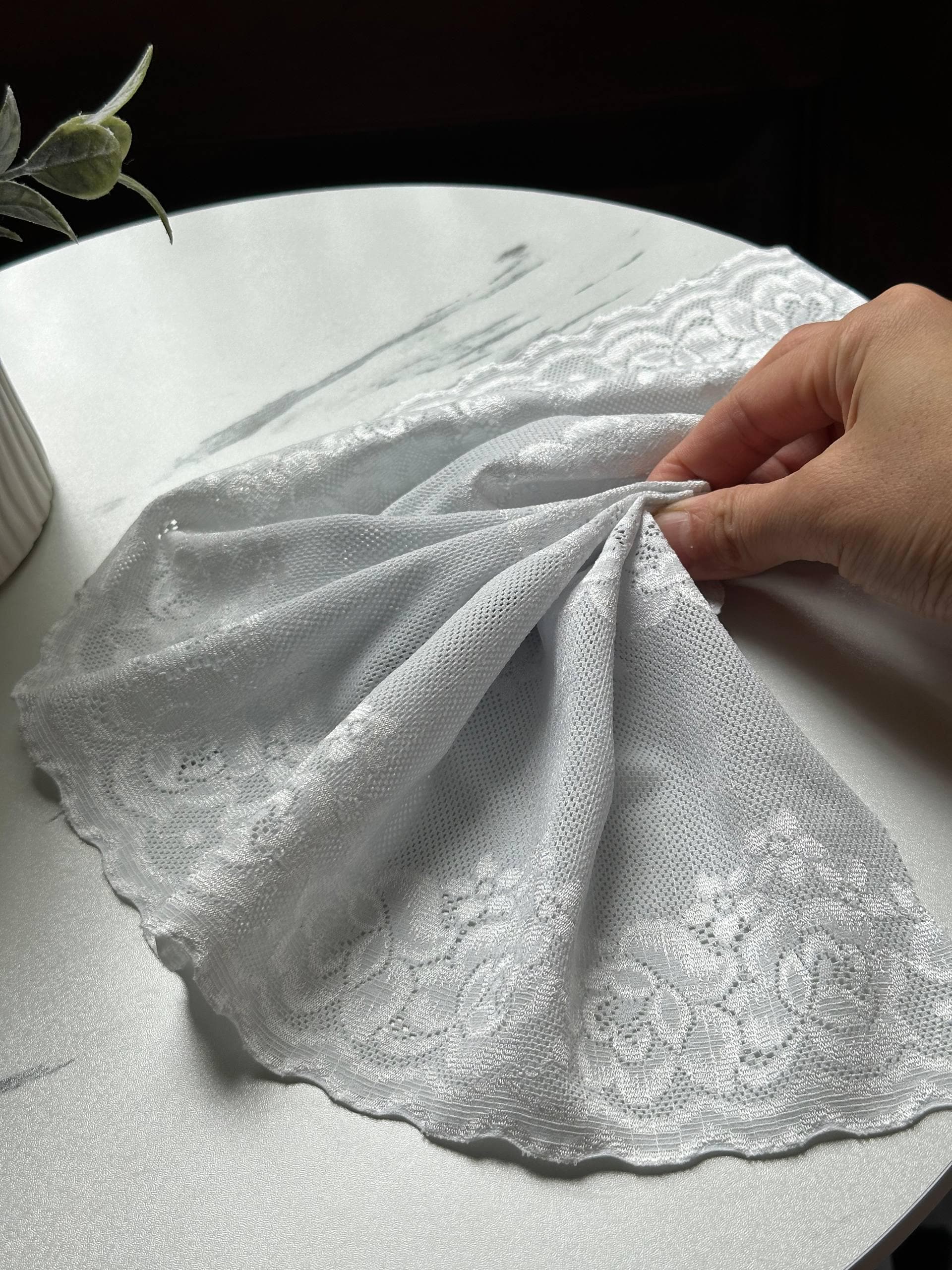Japanese Off White Rose Wide Stretch Lace Trim by Yard, Bridal Wedding Garter Robe Scalloped Panel, 7", Retail Wholesale Bulk