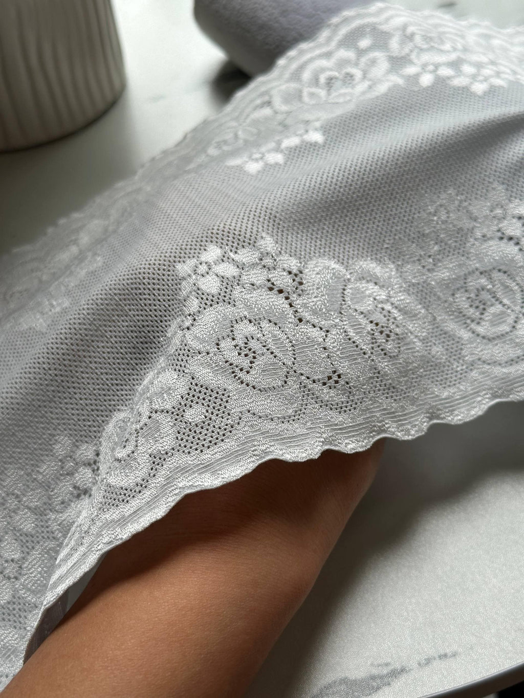 Japanese Off White Rose Wide Stretch Lace Trim by Yard, Bridal Wedding Garter Robe Scalloped Panel, 7", Retail Wholesale Bulk
