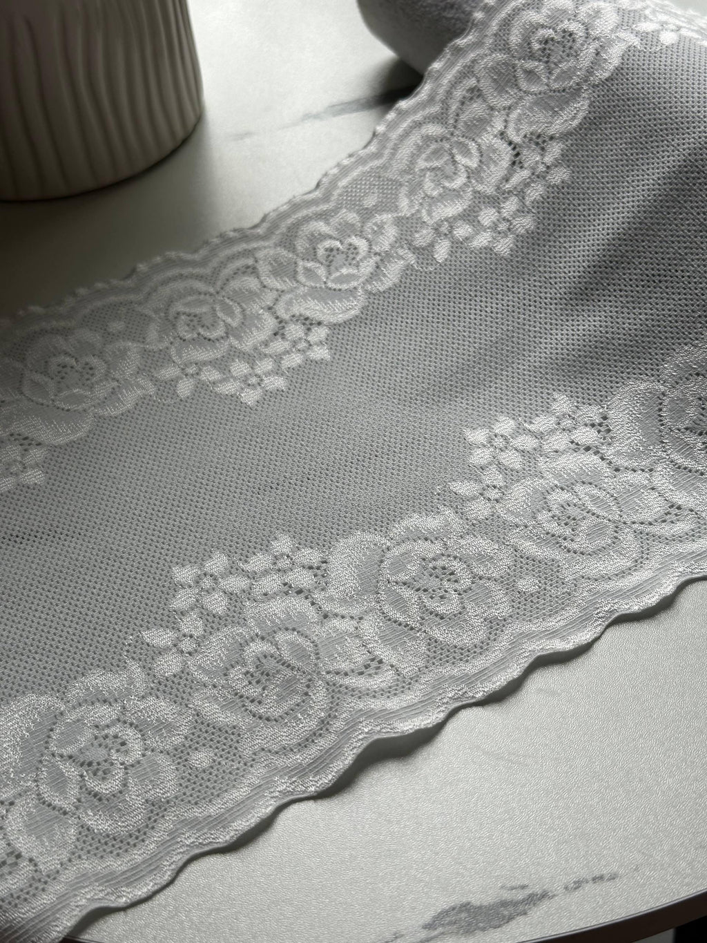 Japanese Off White Rose Wide Stretch Lace Trim by Yard, Bridal Wedding Garter Robe Scalloped Panel, 7", Retail Wholesale Bulk
