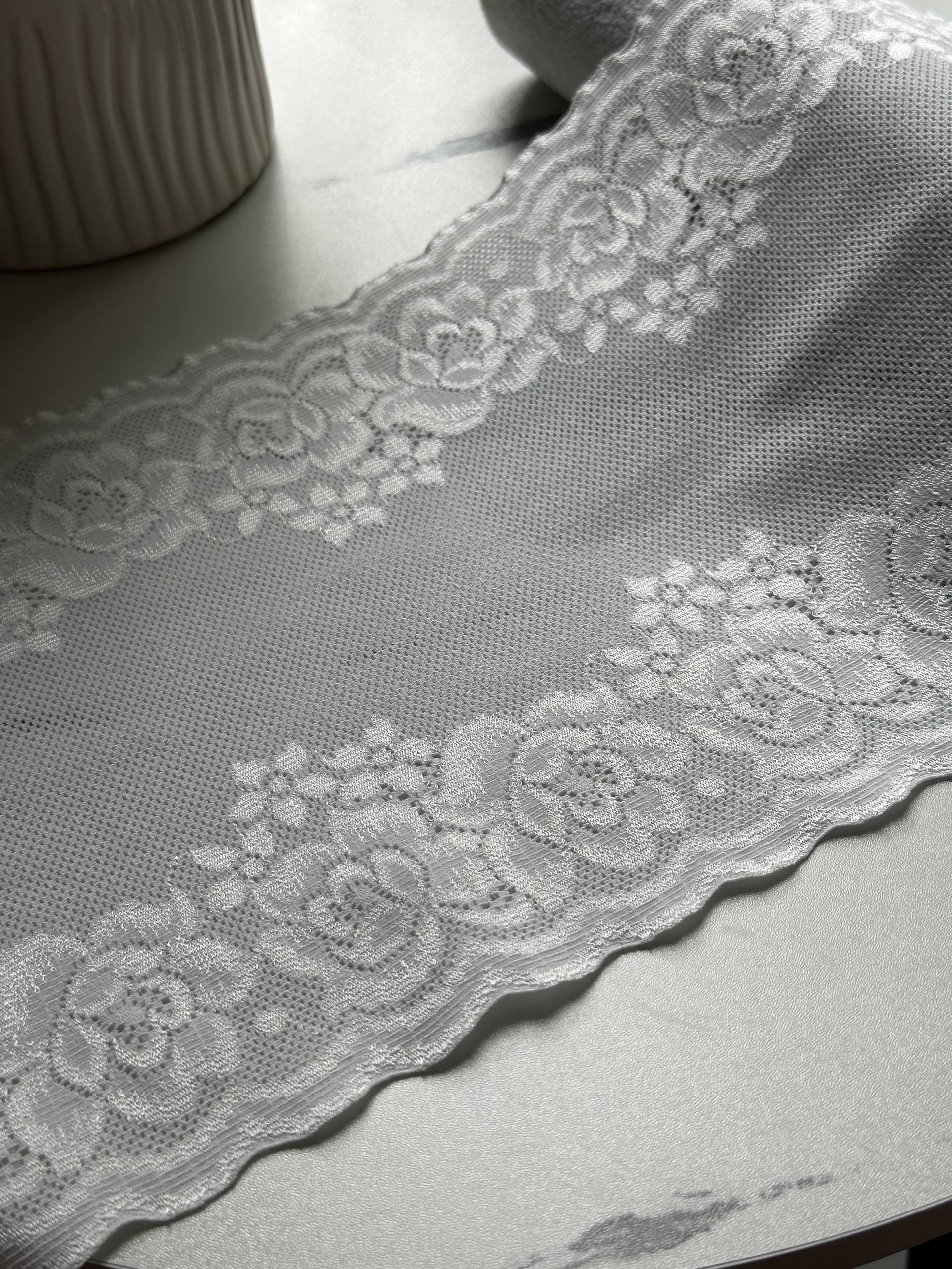 Japanese Off White Rose Wide Stretch Lace Trim by Yard, Bridal Wedding Garter Robe Scalloped Panel, 7", Retail Wholesale Bulk