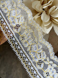 Two Tone White Yellow Floral Corded Stretch Lace Trim by Yard, Scalloped Elastic Ribbon for Crafts, 2.35", Retail Wholesale Bulk