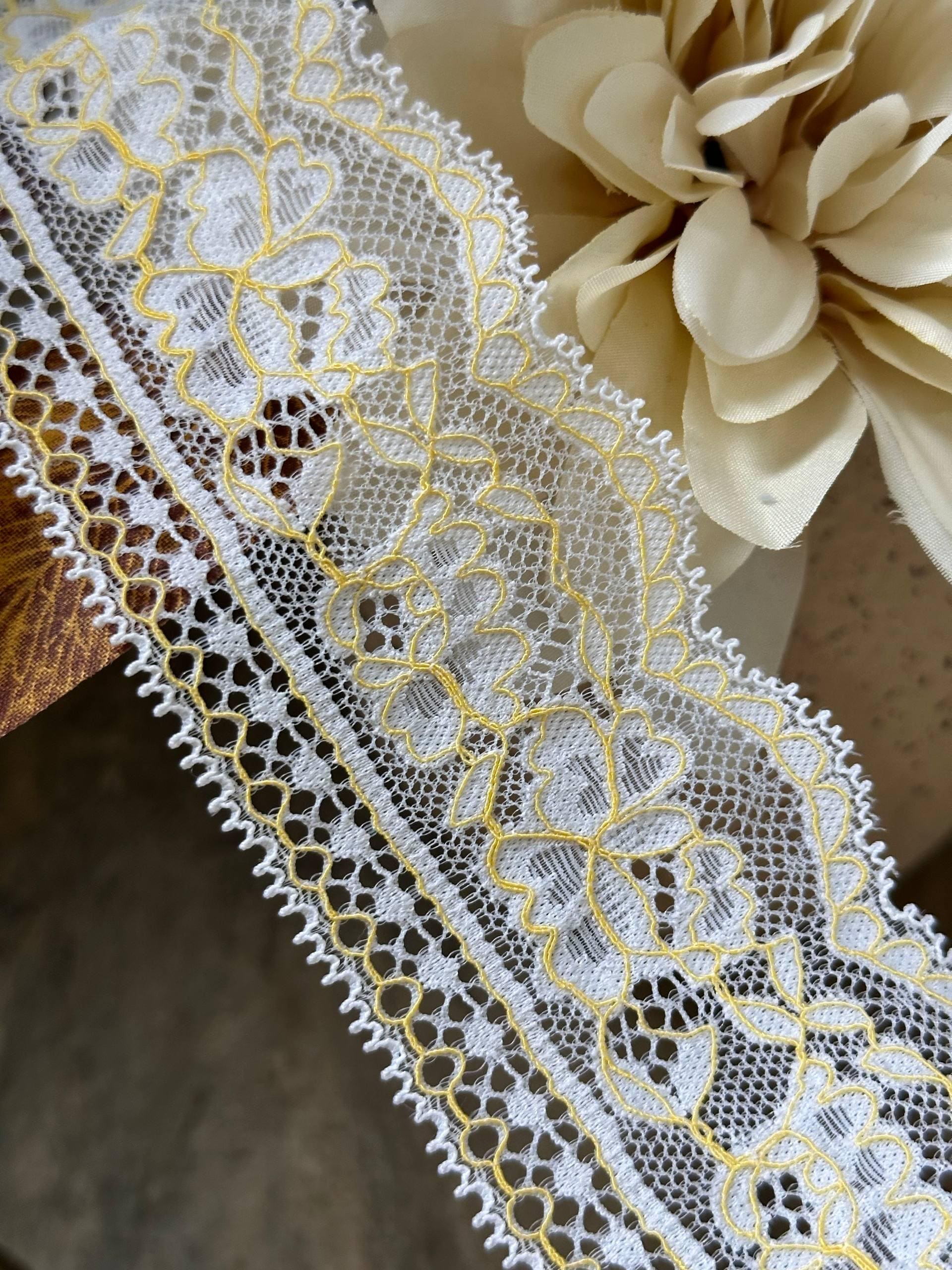 Two Tone White Yellow Floral Corded Stretch Lace Trim by Yard, Scalloped Elastic Ribbon for Crafts, 2.35", Retail Wholesale Bulk
