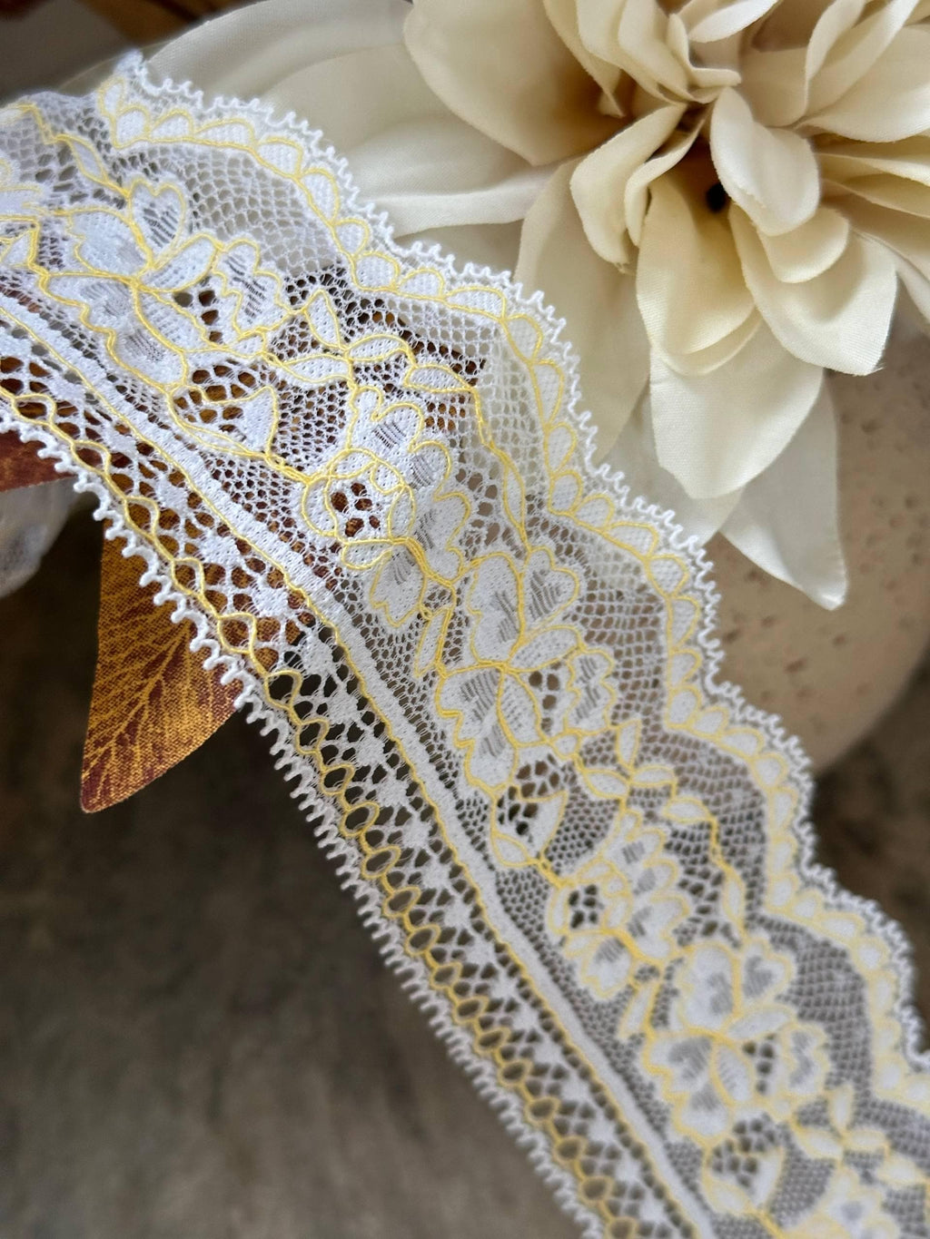 Two Tone White Yellow Floral Corded Stretch Lace Trim by Yard, Scalloped Elastic Ribbon for Crafts, 2.35", Retail Wholesale Bulk