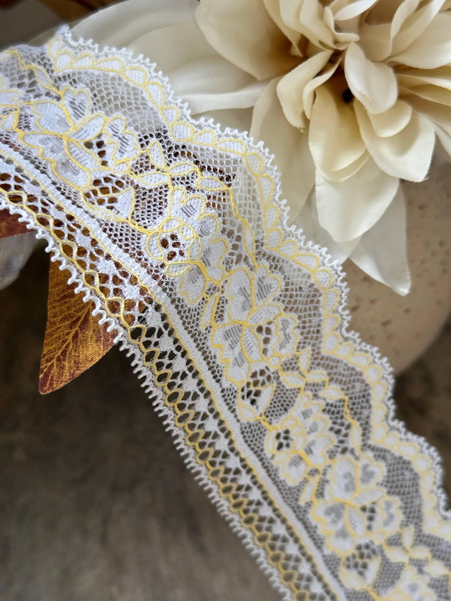 Two Tone White Yellow Floral Corded Stretch Lace Trim by Yard, Scalloped Elastic Ribbon for Crafts, 2.35", Retail Wholesale Bulk