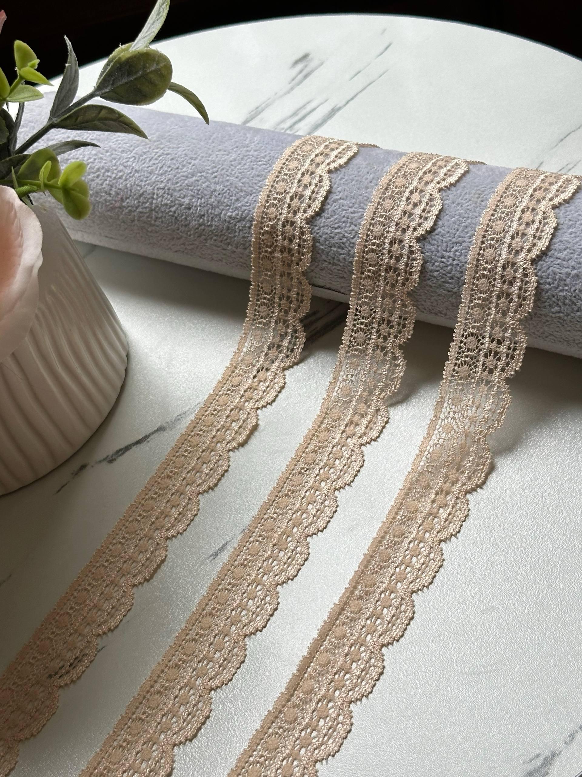 Soft Champagne Nude Beige Lightweight Stretch Lace Trim by Yard, Narrow Scalloped Elastic Ribbon for Crafts, 0.85", Retail Wholesale Bulk
