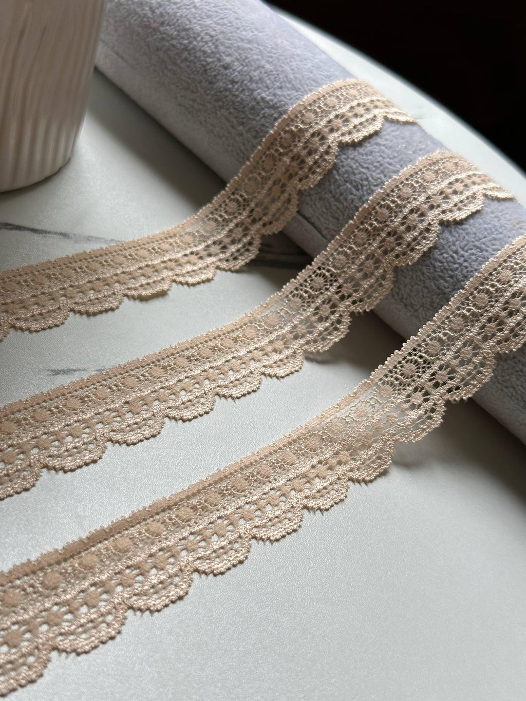 Soft Champagne Nude Beige Lightweight Stretch Lace Trim by Yard, Narrow Scalloped Elastic Ribbon for Crafts, 0.85", Retail Wholesale Bulk