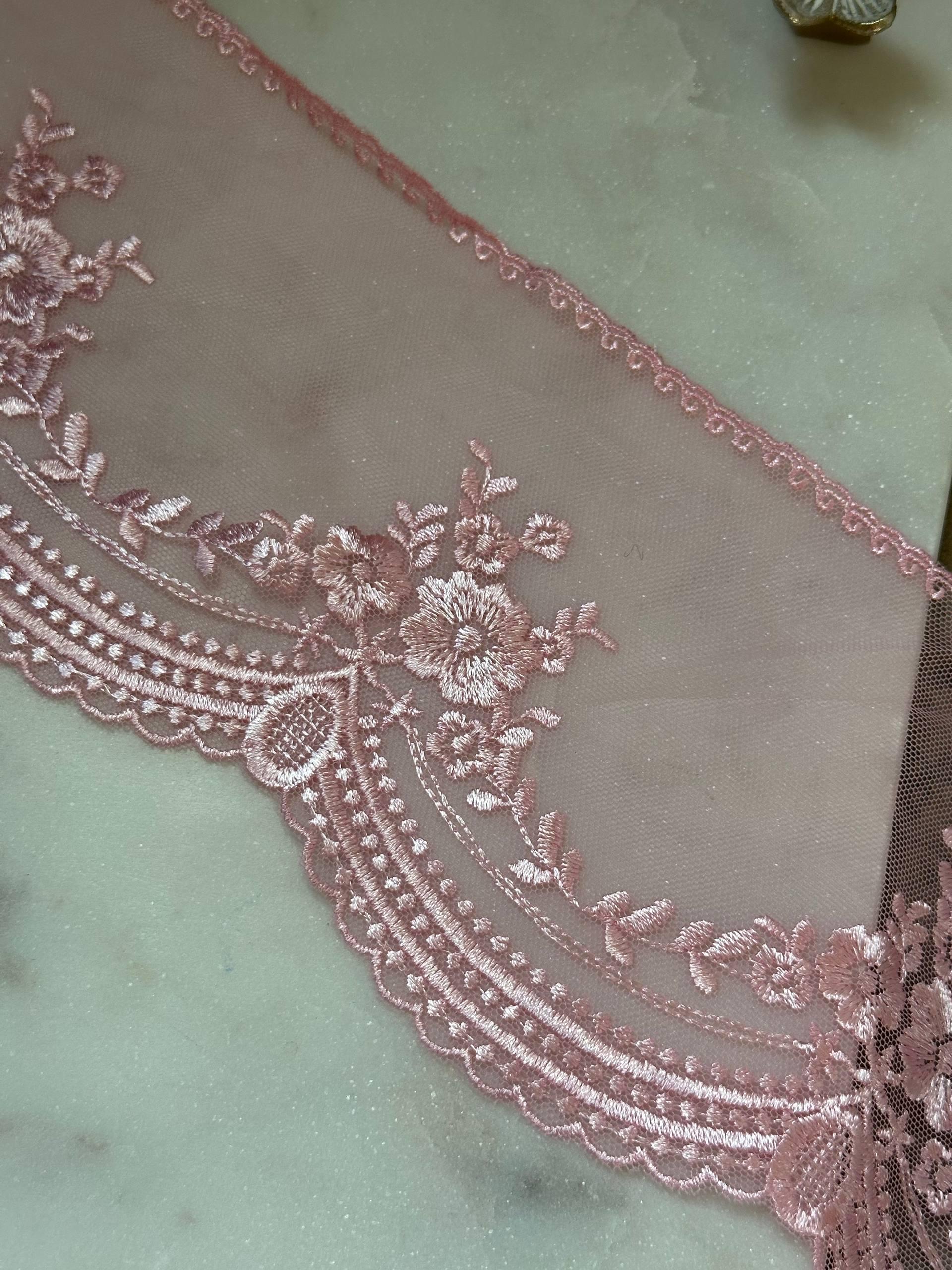 Dusty Rose Pink Ultra Soft Embroidered Mesh Lace Trim by Yard, Floral Scalloped Tulle Ribbon, 4.5", Retail Wholesale Bulk