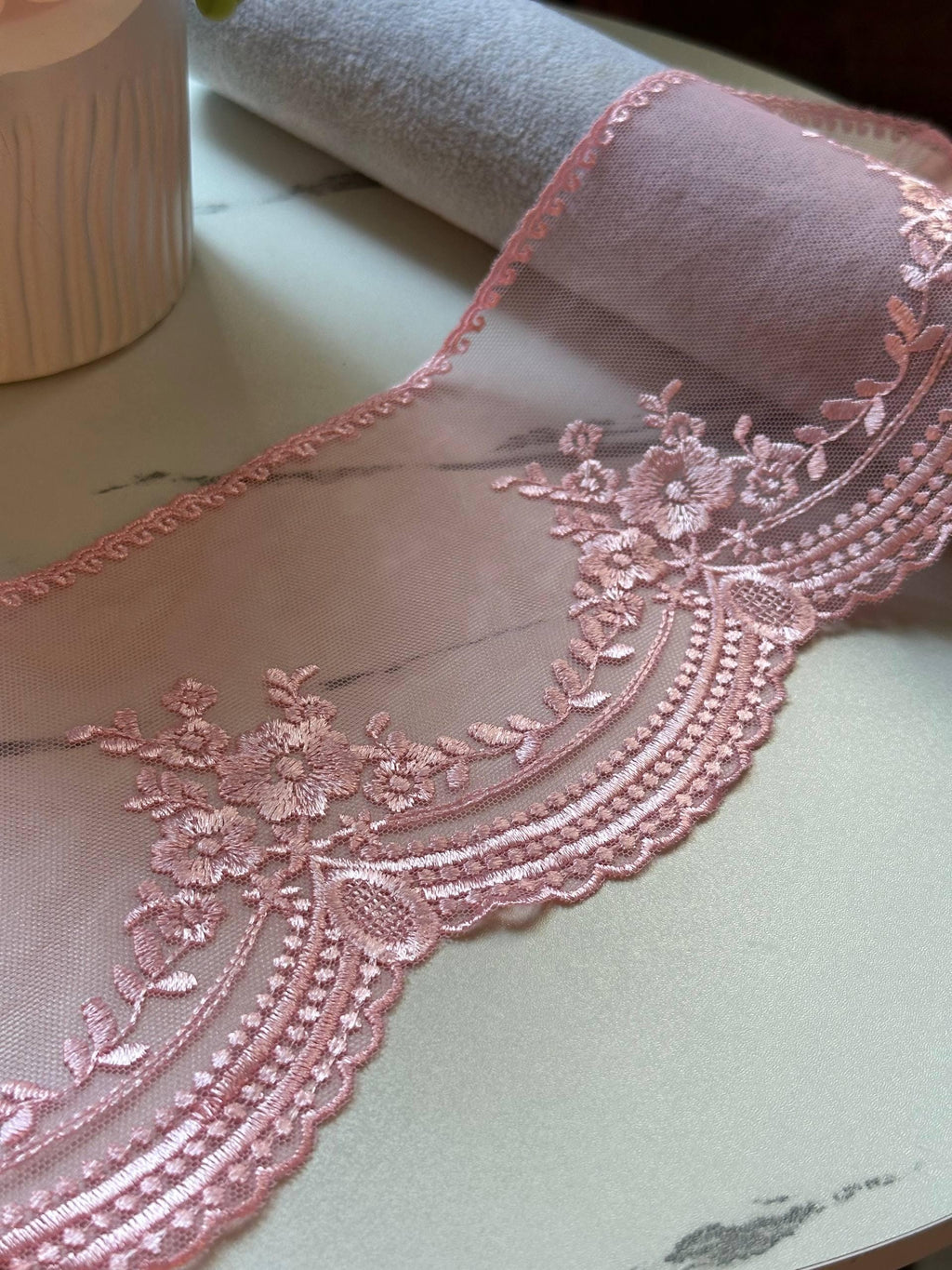 Dusty Rose Pink Ultra Soft Embroidered Mesh Lace Trim by Yard, Floral Scalloped Tulle Ribbon, 4.5", Retail Wholesale Bulk