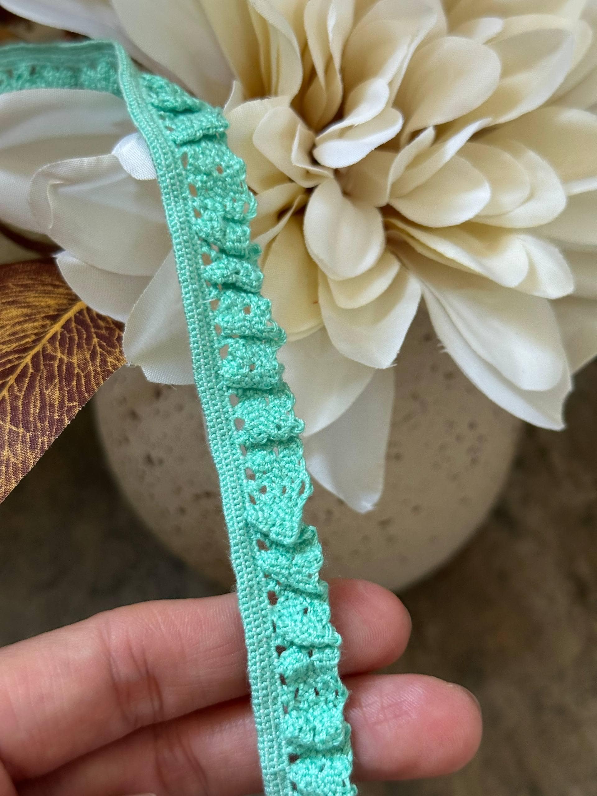 Mint Green Crocheted Ruffled Stretch Elastic Lace Trim by Yard, Knit Ribbon for Doll Clothes, 0.5", Retail Wholesale Bulk