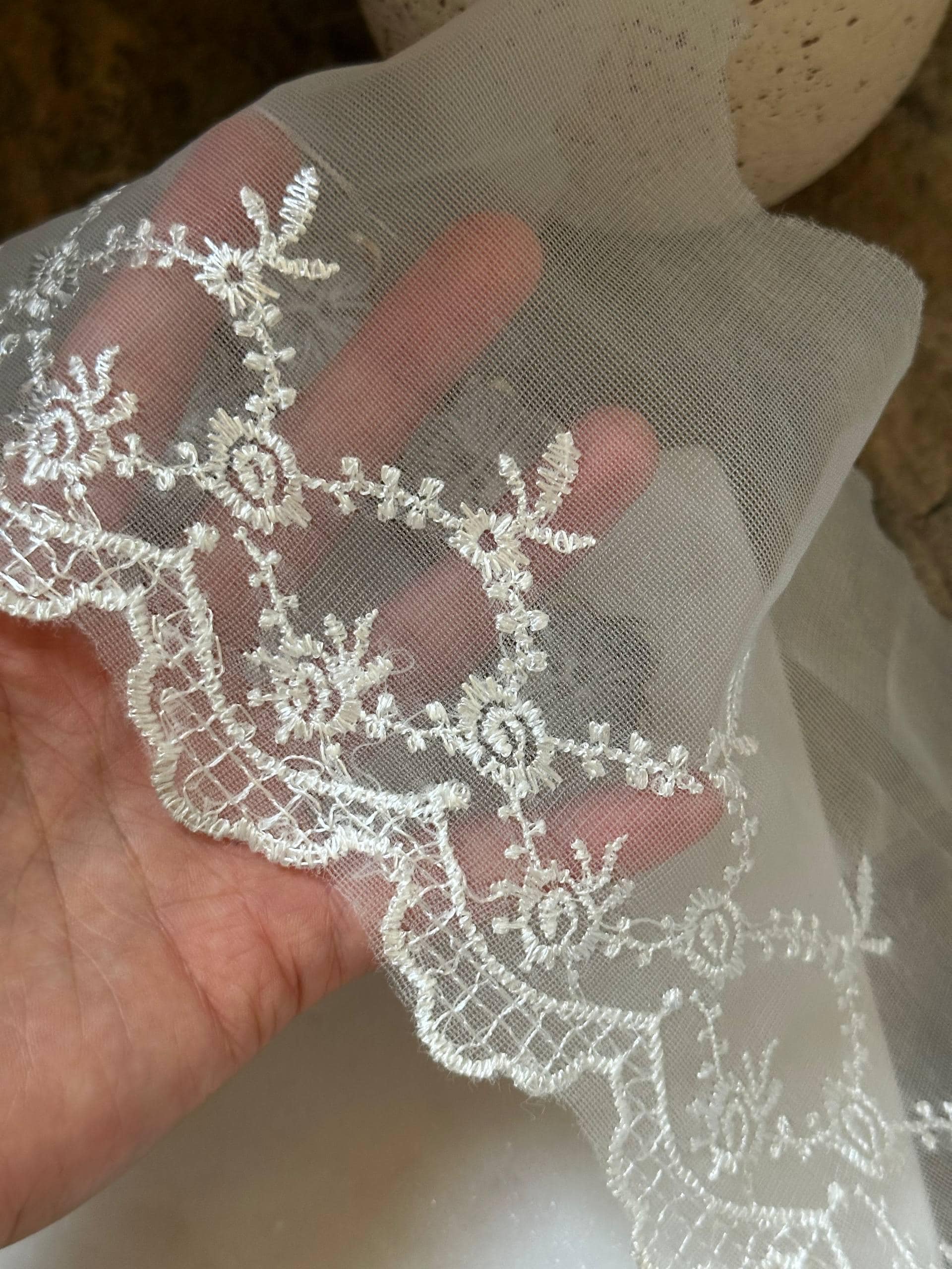 Ivory Organza Embroidered Lace Trim by Yard, Structured Floral Scalloped Ribbon, 5" Wide 3" Embroidery, Retail Wholesale Bulk
