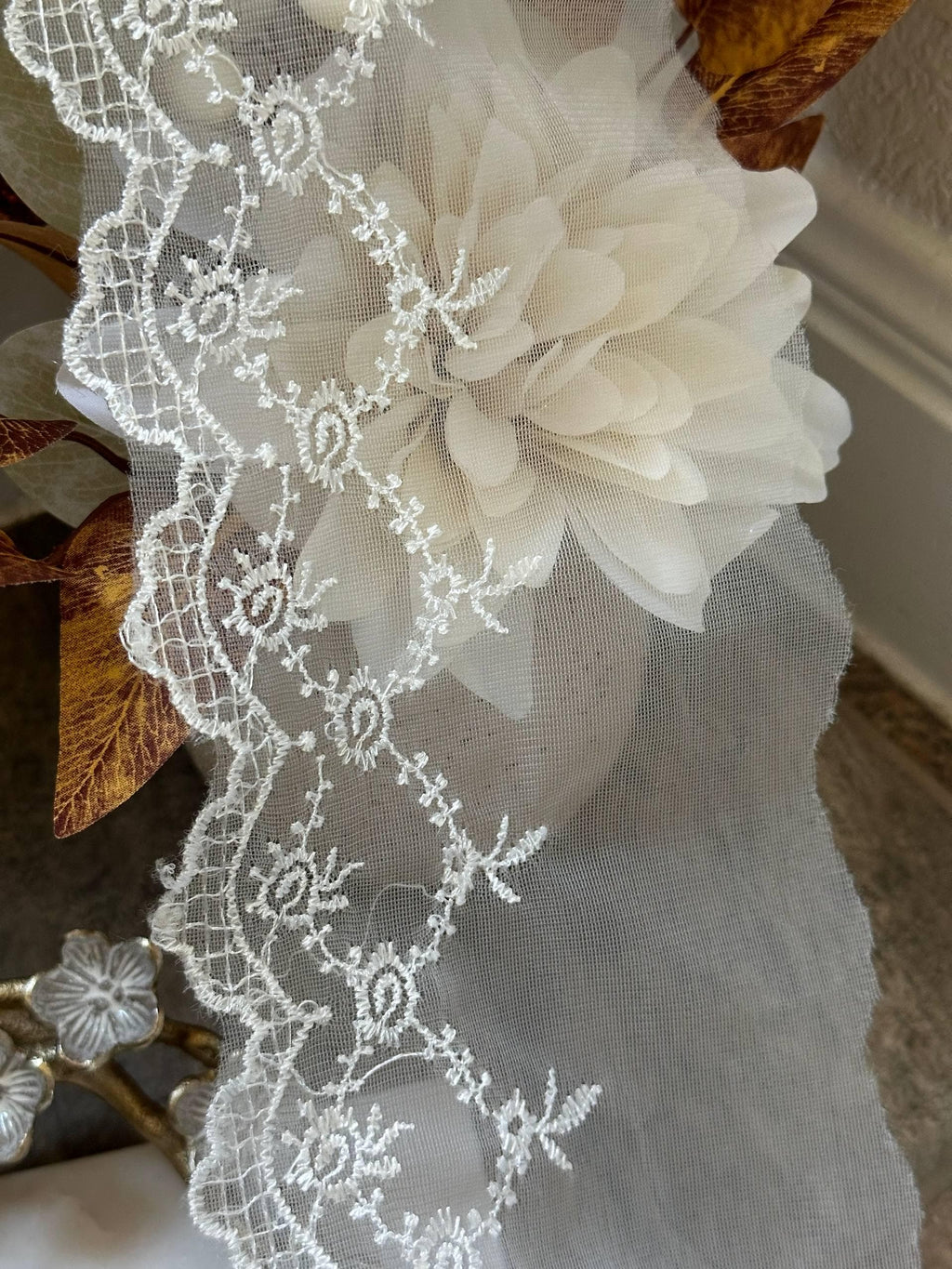 Ivory Organza Embroidered Lace Trim by Yard, Structured Floral Scalloped Ribbon, 5" Wide 3" Embroidery, Retail Wholesale Bulk